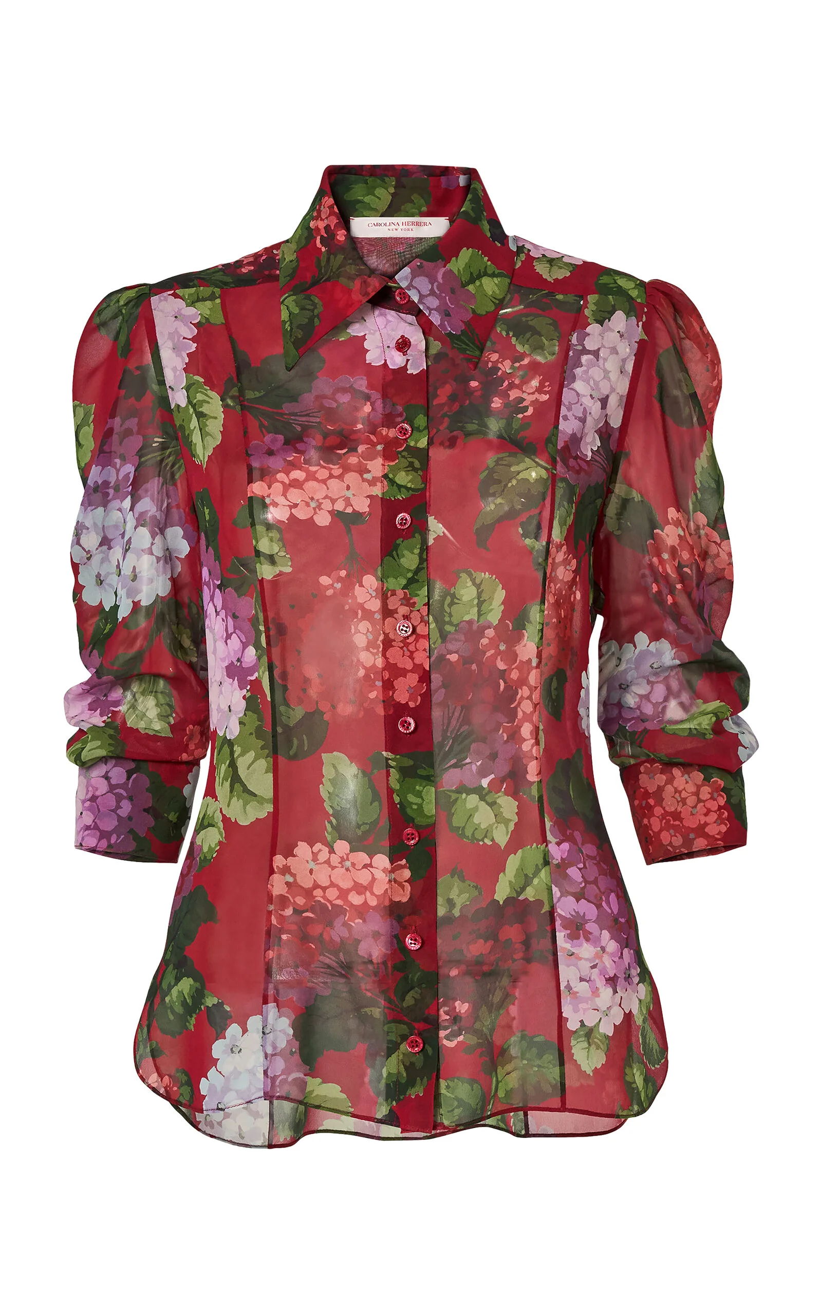 Collared Hydrangea-Printed Chiffon Top berry - 1