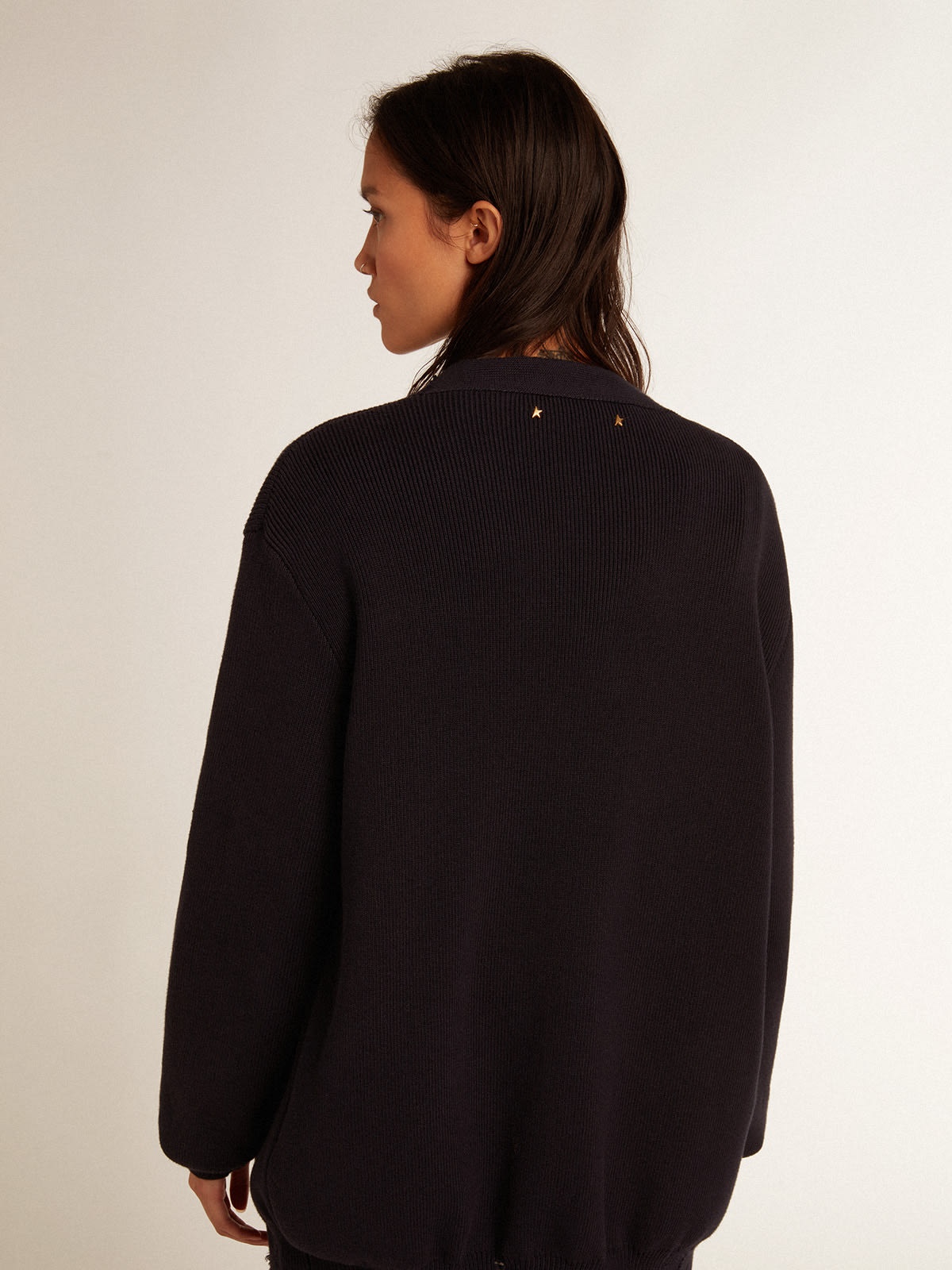 Women's cardigan in distressed dark blue cotton - 4