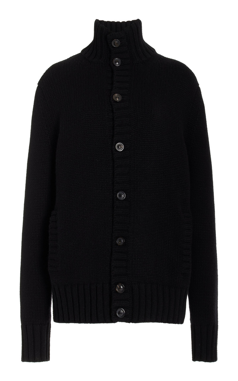 Jacobo Knit Turtleneck Cardigan in Black Piuma Cashmere 1