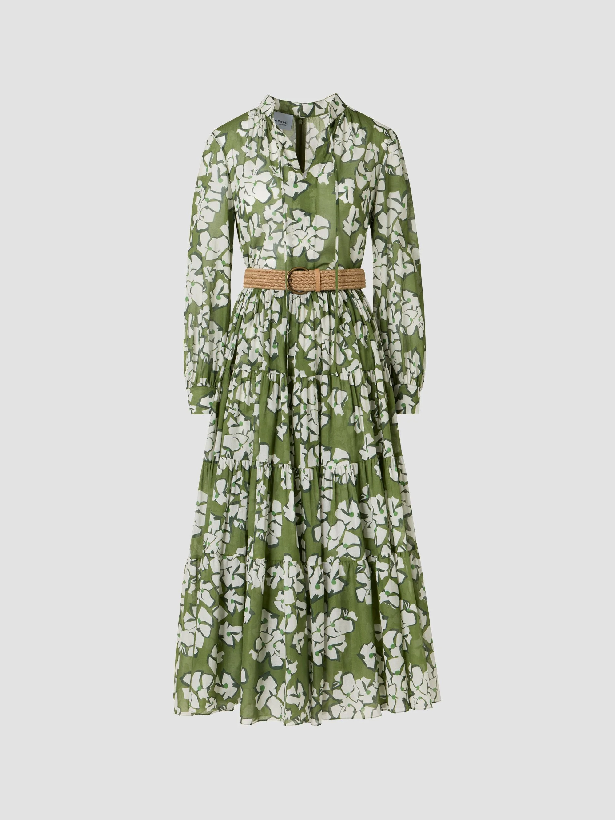 Women's Floral Cotton Belted Midi Dress - Green Tea Cream Olive - 1