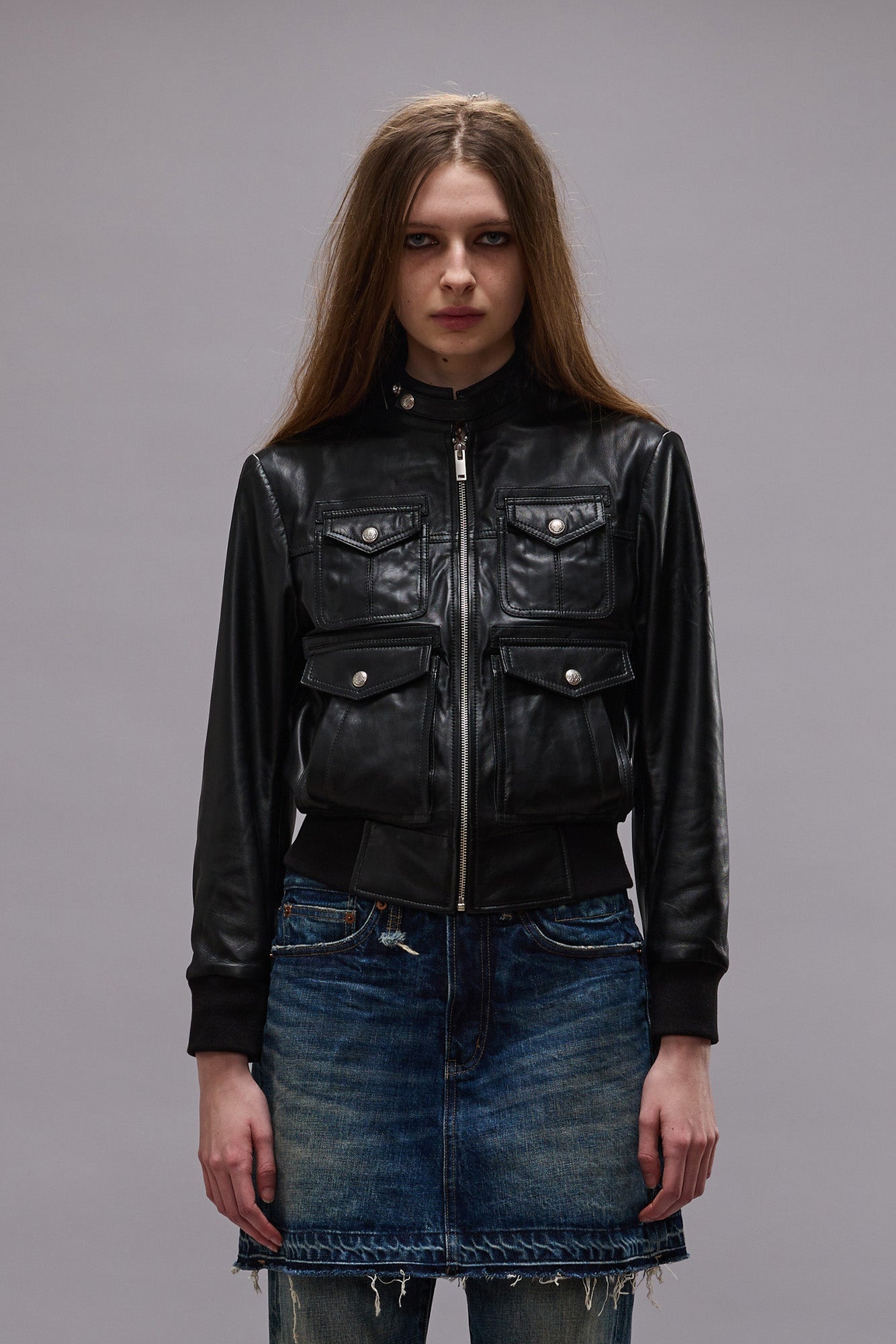 SHRUNKEN ZIP-UP LEATHER JACKET - BLACK -R13 - 4