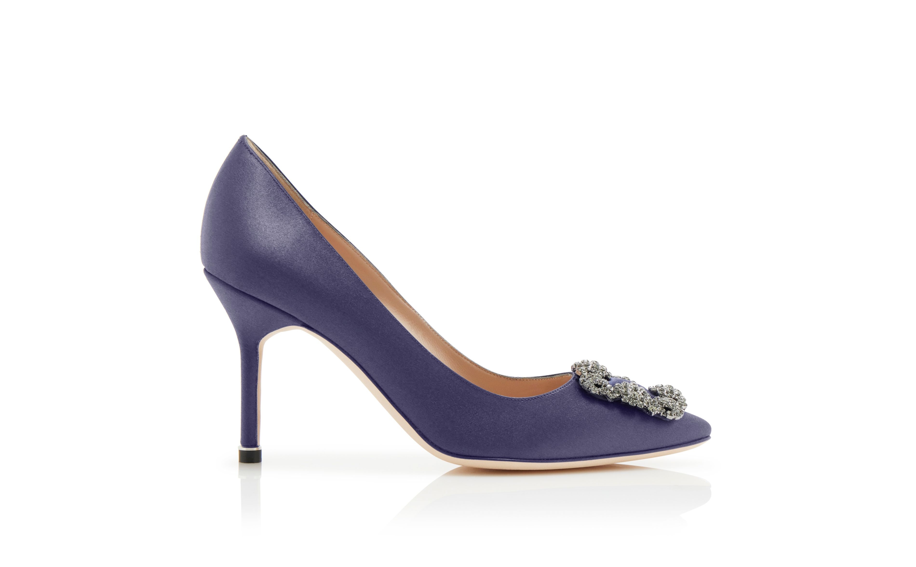 Dark Blue Satin Jewel Buckle Pumps - 1