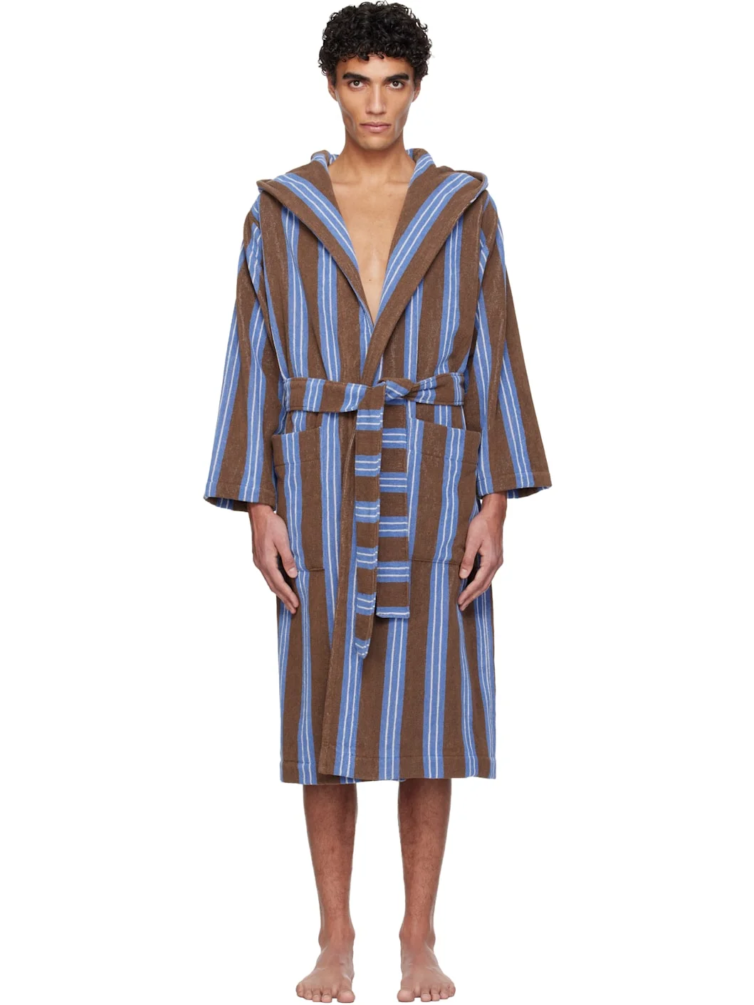 Brown & Blue Terry Hooded Bathrobe - 1