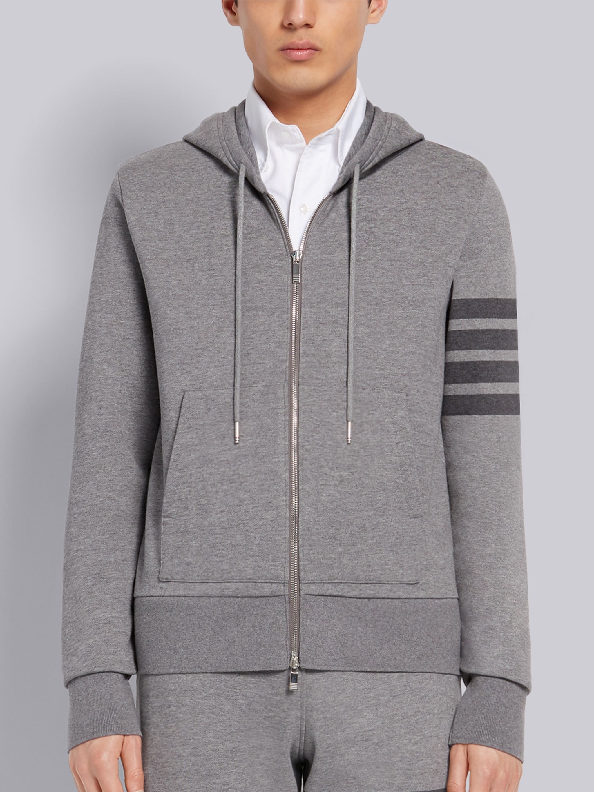 Medium Grey Cotton Loopback Relaxed Fit Tonal 4-Bar Zip-up Hoodie - 1