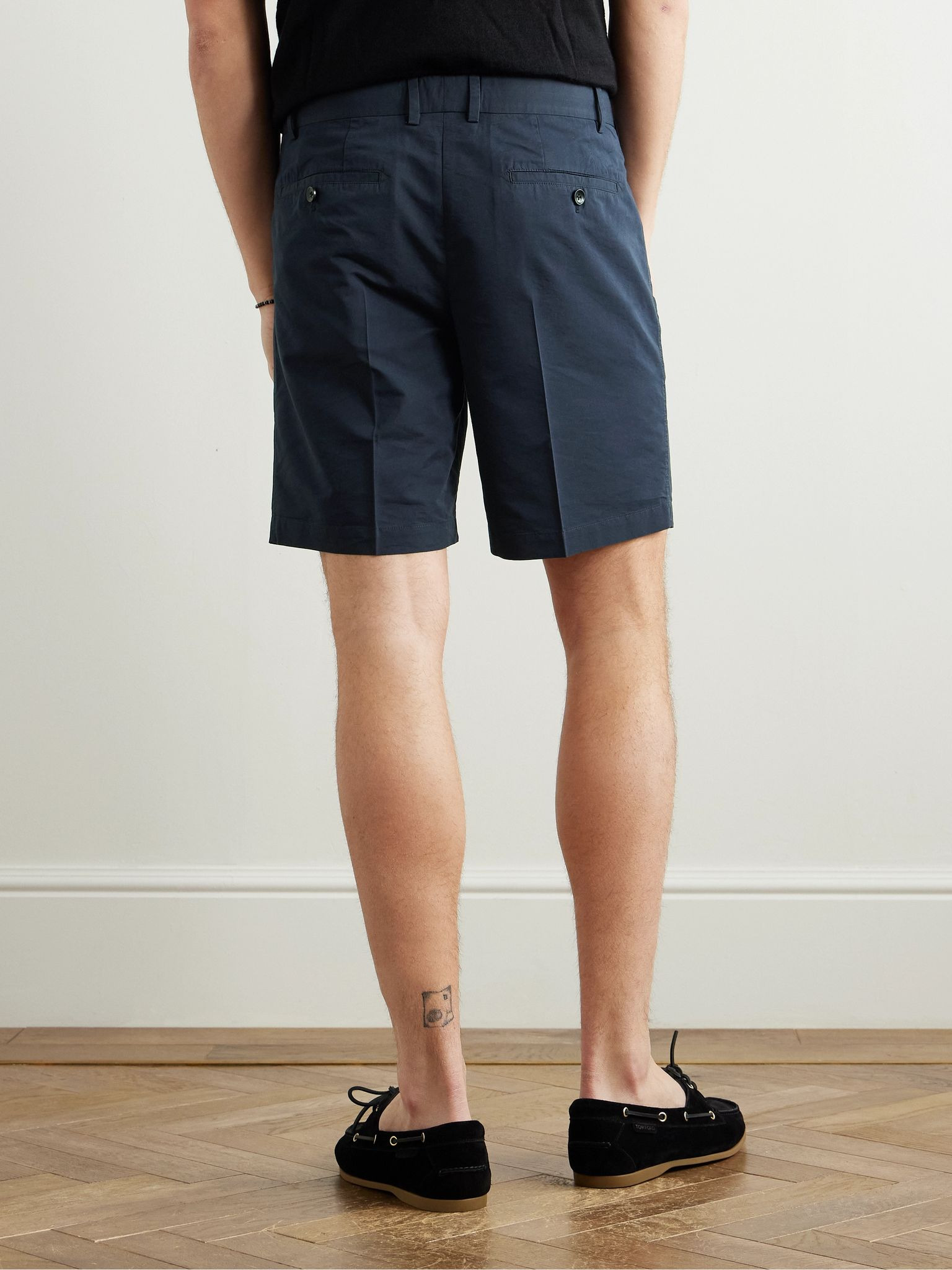 Straight-Leg Pleated Cotton and Silk-Blend Poplin Shorts Navy - 4