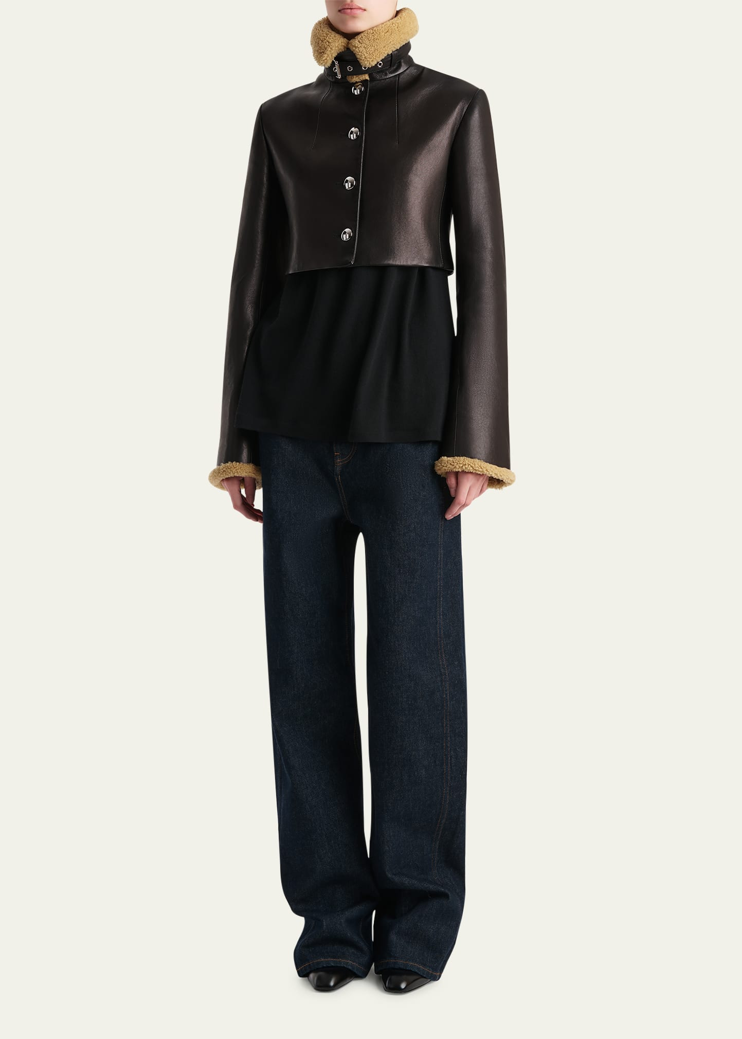 Jodie Shearling-Trim Cropped Leather Jacket - 2