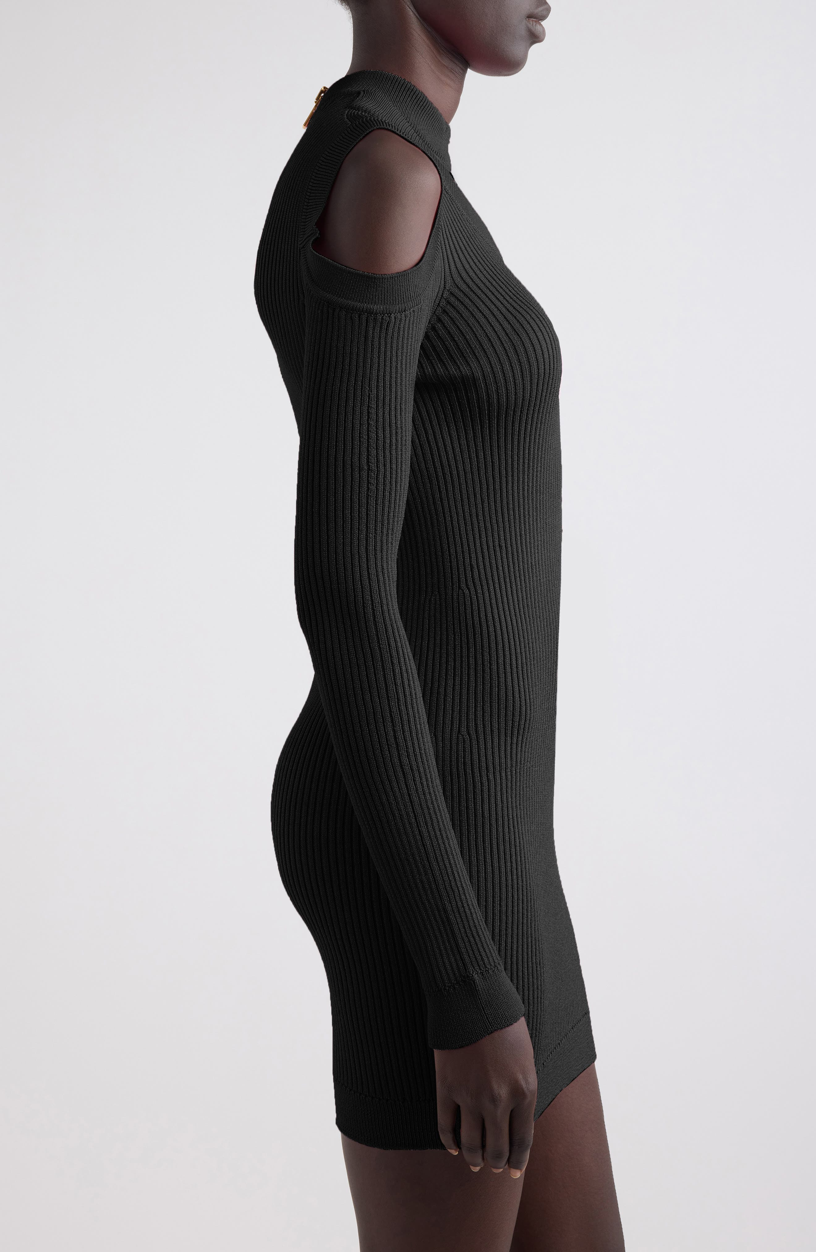 Balmain Shoulder Cutout Long Sleeve Rib Sweater Minidress in 0Pa Black at Nordstrom - 3