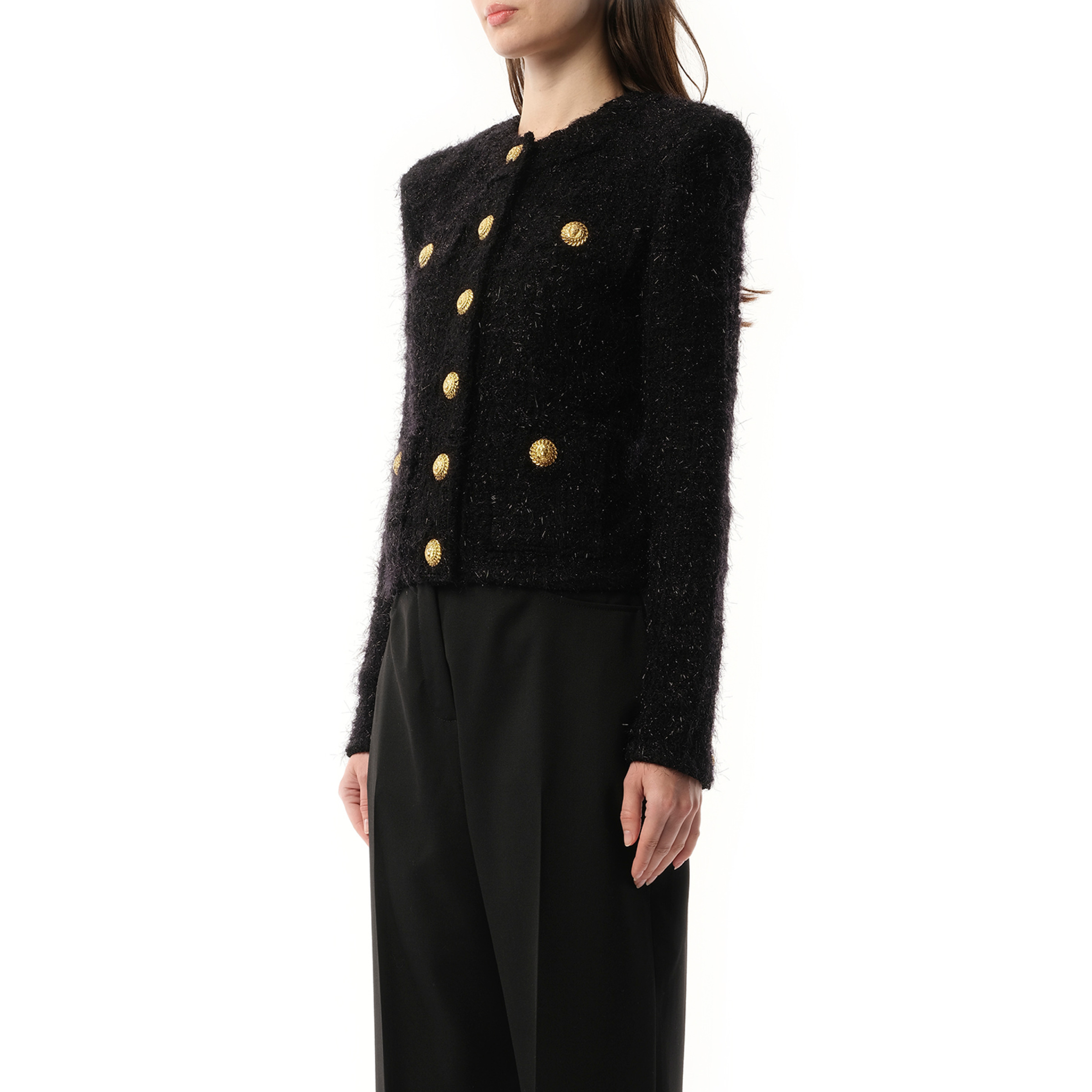 Balmain Buttoned Maze Tweed Jacket in Black | marais