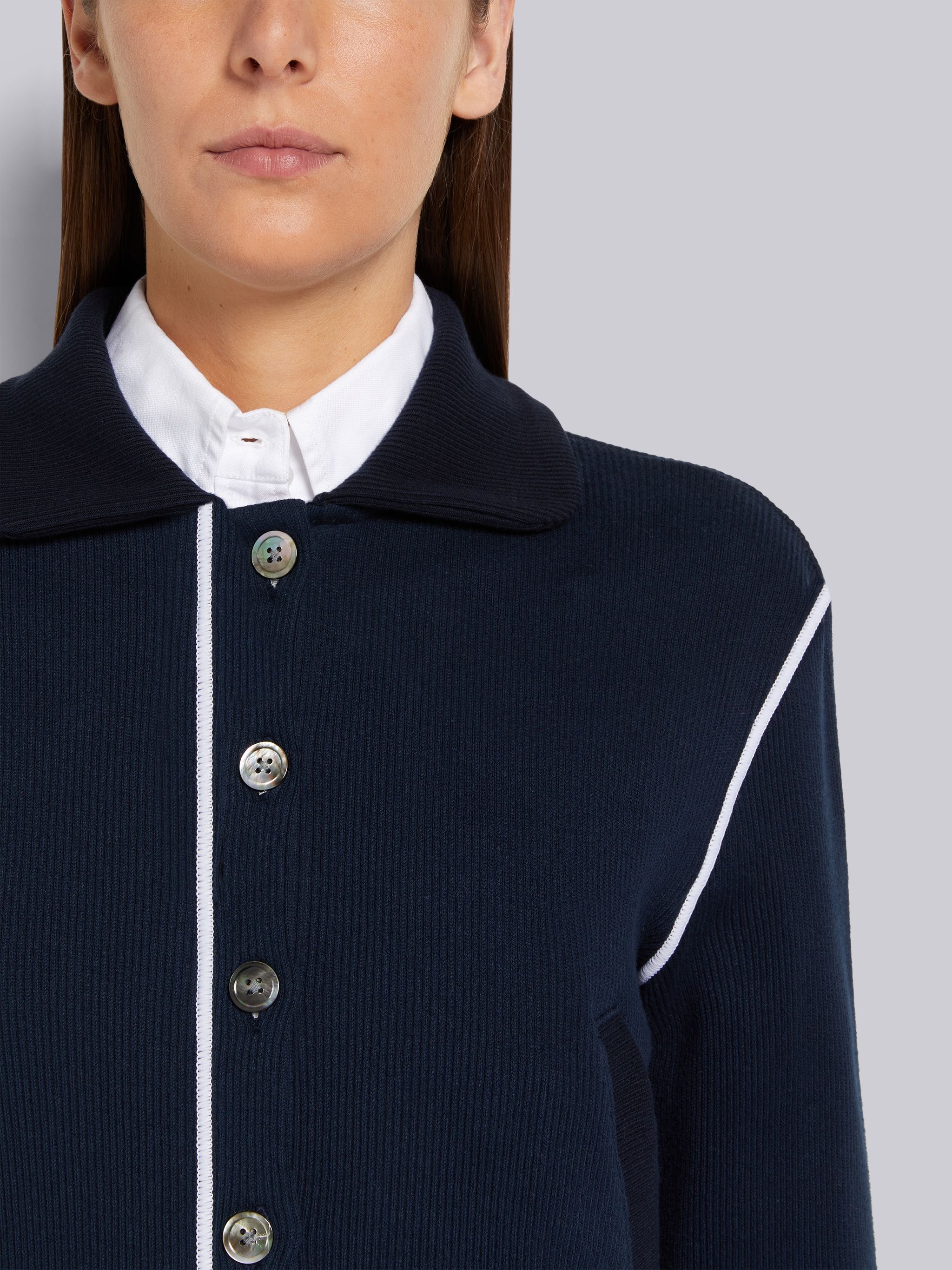 Navy Mesh Back Cotton Rib Contrast Cover Stitch Round Collar Jacket - 5