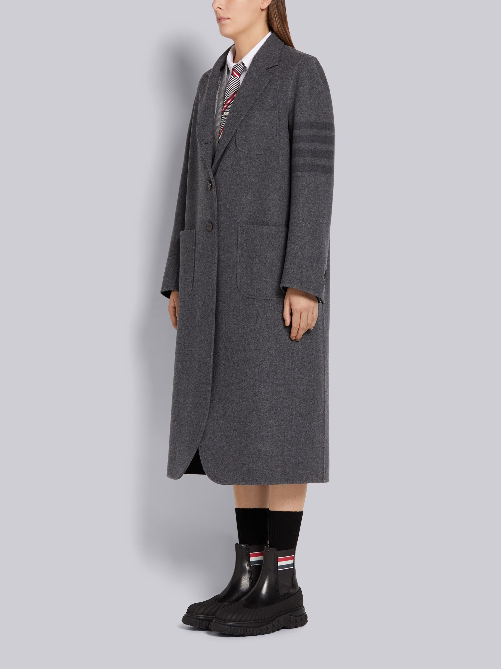 Medium Grey Double Face Melton Engineered 4-Bar Unconstructed Elongated Sack Overcoat - 2