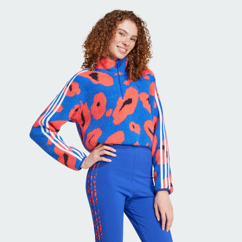Essentials 3-Stripes Animal Print High Pile Cropped 1/4 Zip Top 4