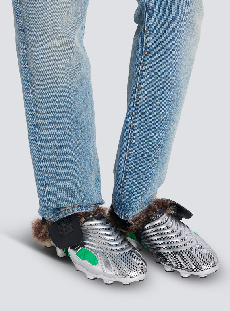 Balmain Half Time faux fur-lined mules with technical fabrics outlook