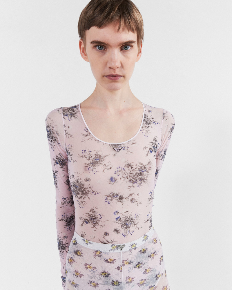 Prada Printed stretch tulle bodysuit outlook