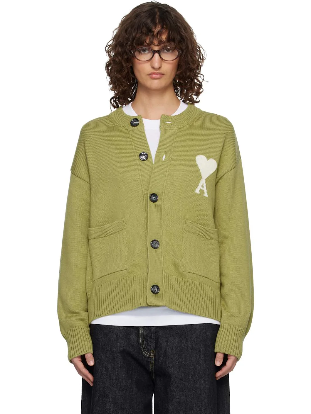 Green Wool Crewneck Ami de Coeur Cardigan - 1