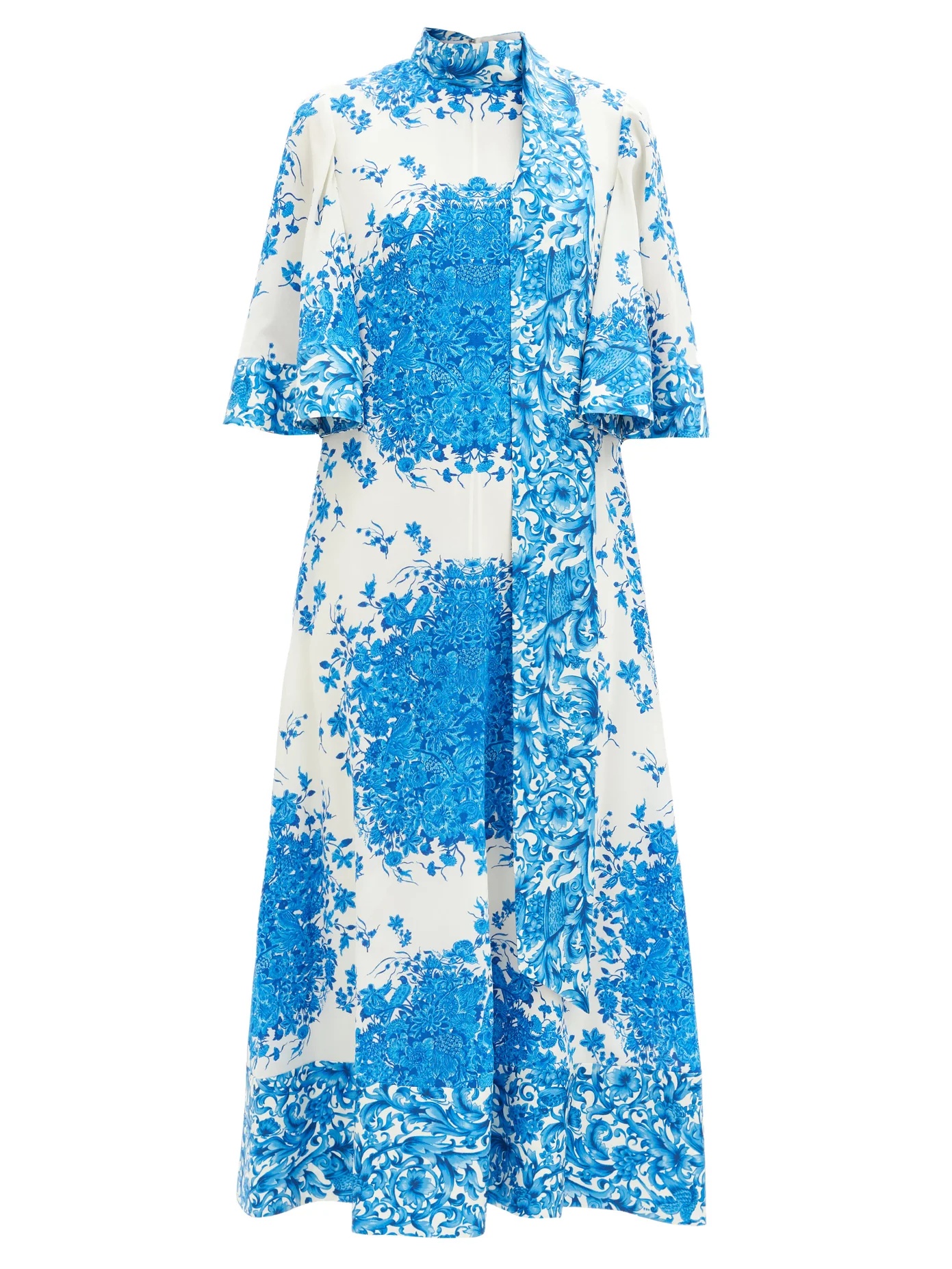 Delft-print scarf-neck silk midi dress - 1