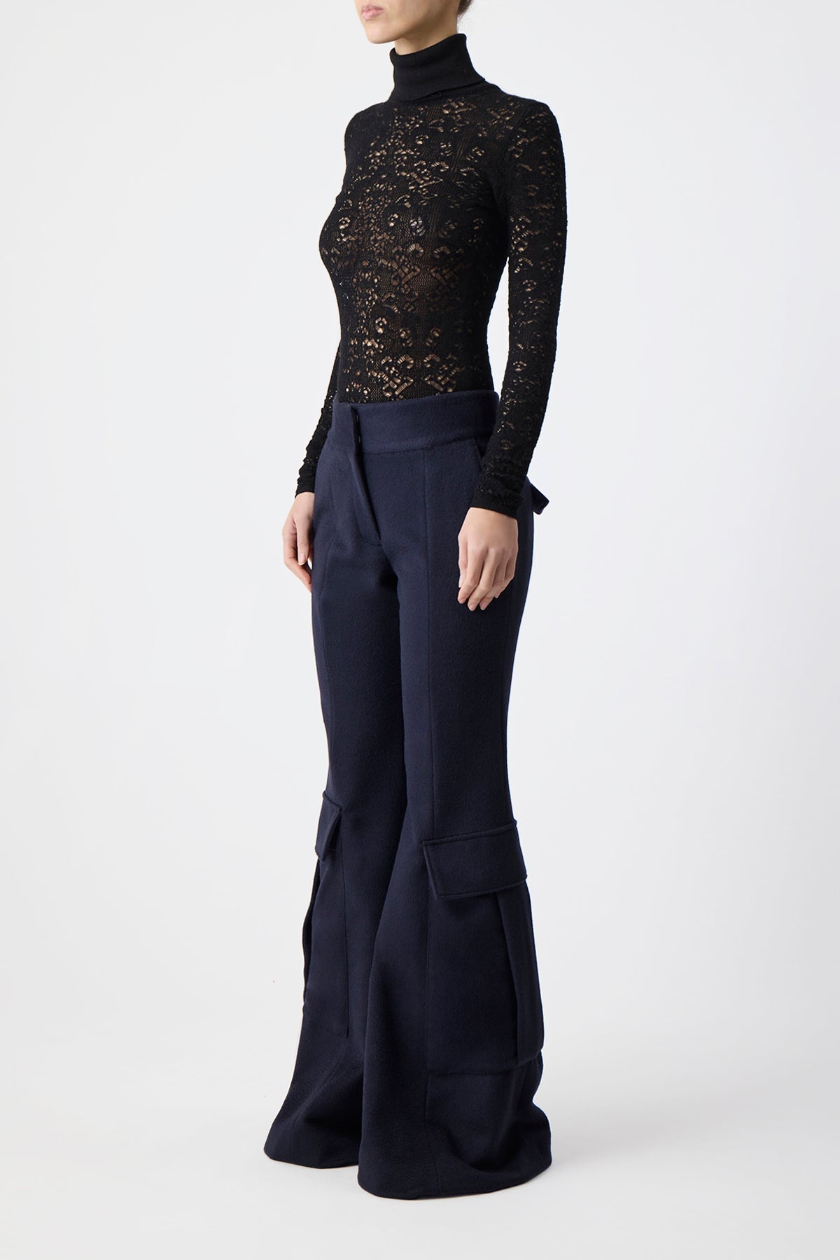 Meret Pointelle Knit Turtleneck in Black Merino Wool - 3
