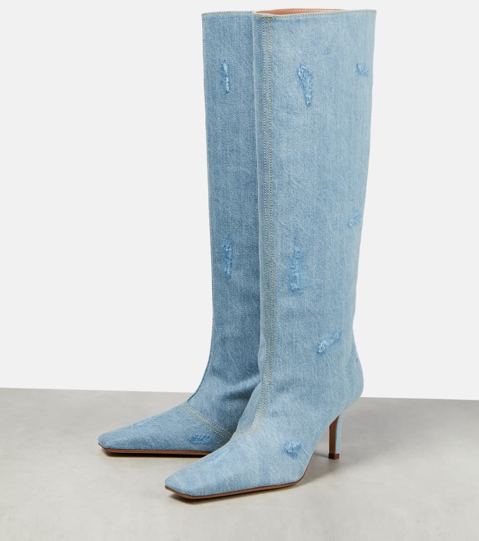 Distressed denim knee-high boots - 5