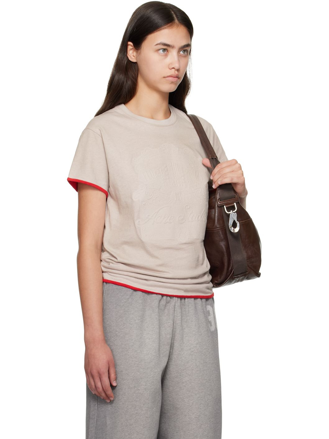 Beige & Red Embossed Logo T-shirt - 2