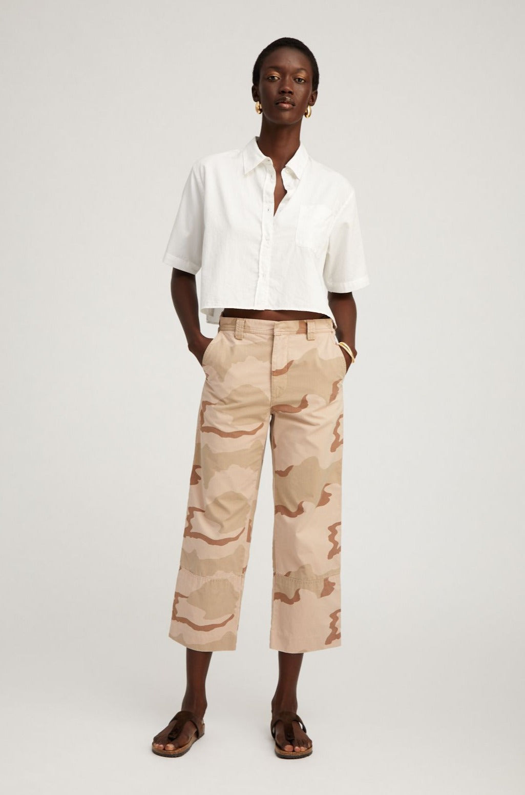 WHITE SHORT SLEEVE CROPPED BUTTON DOWN - 2