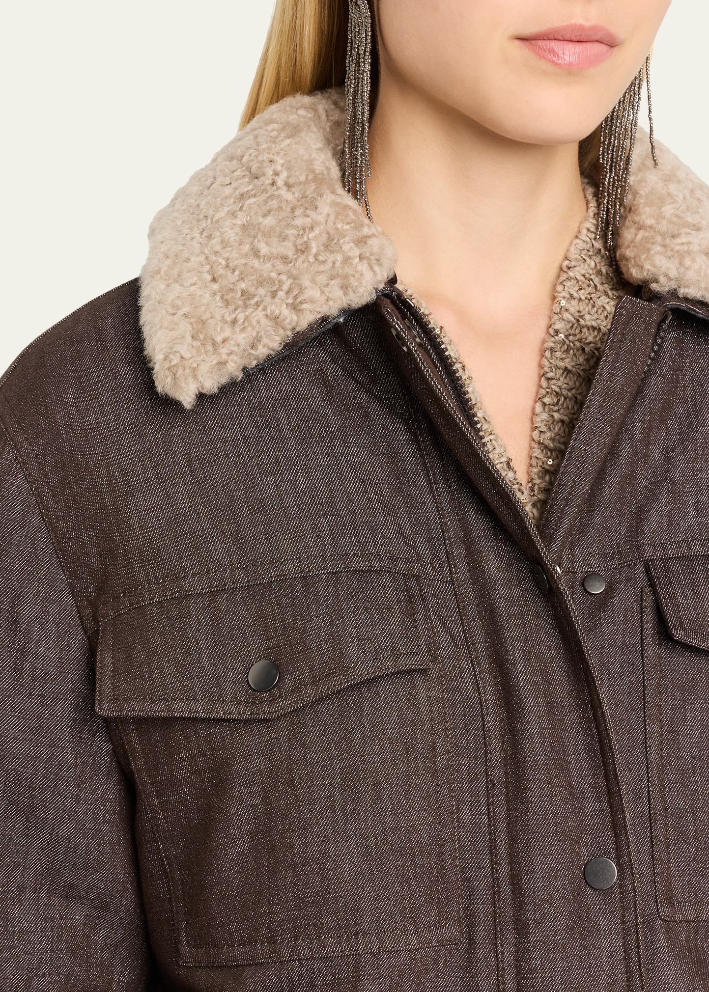 Sparkling Wool-Blend Padded Jacket with Removable Shearling Collar - 5