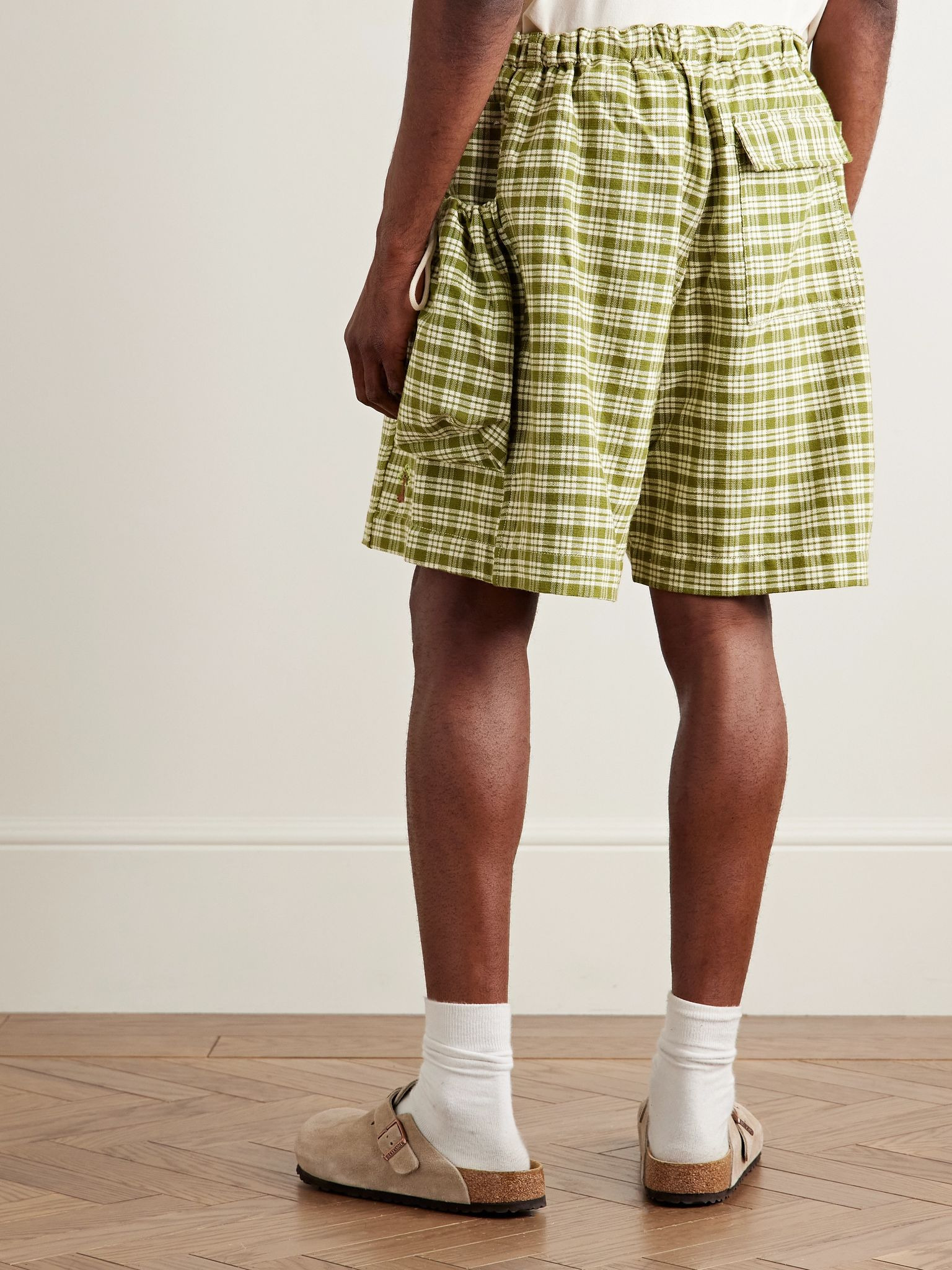 Salt Wide-Leg Checked Organic Cotton-Canvas Drawstring Shorts Green - 4