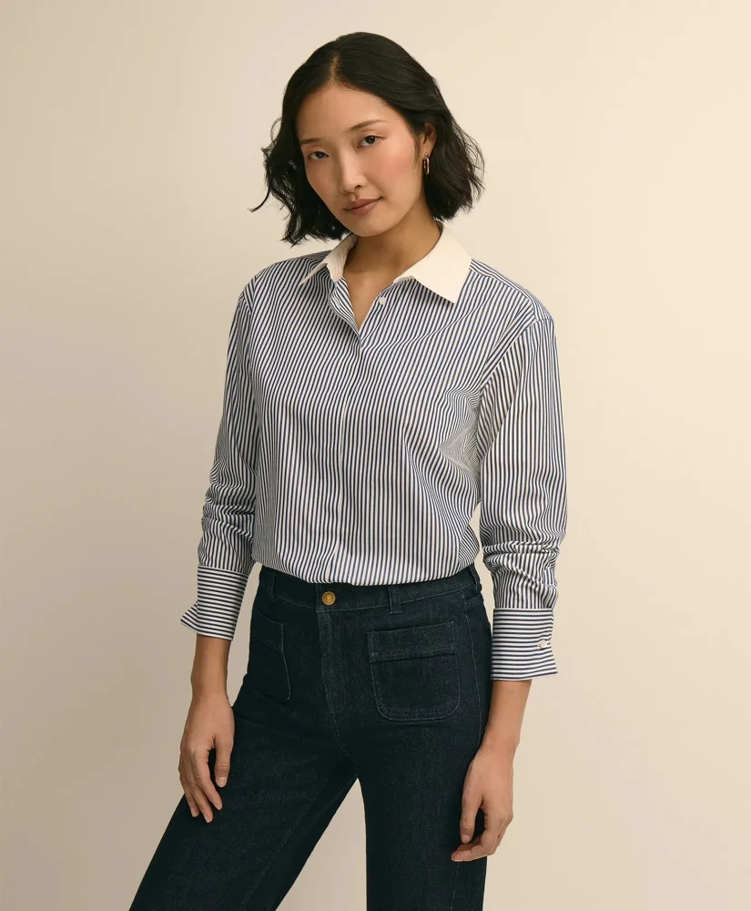 Supima® Cotton Contrast-Collar Stripe Shirt with French Cuffs - 1