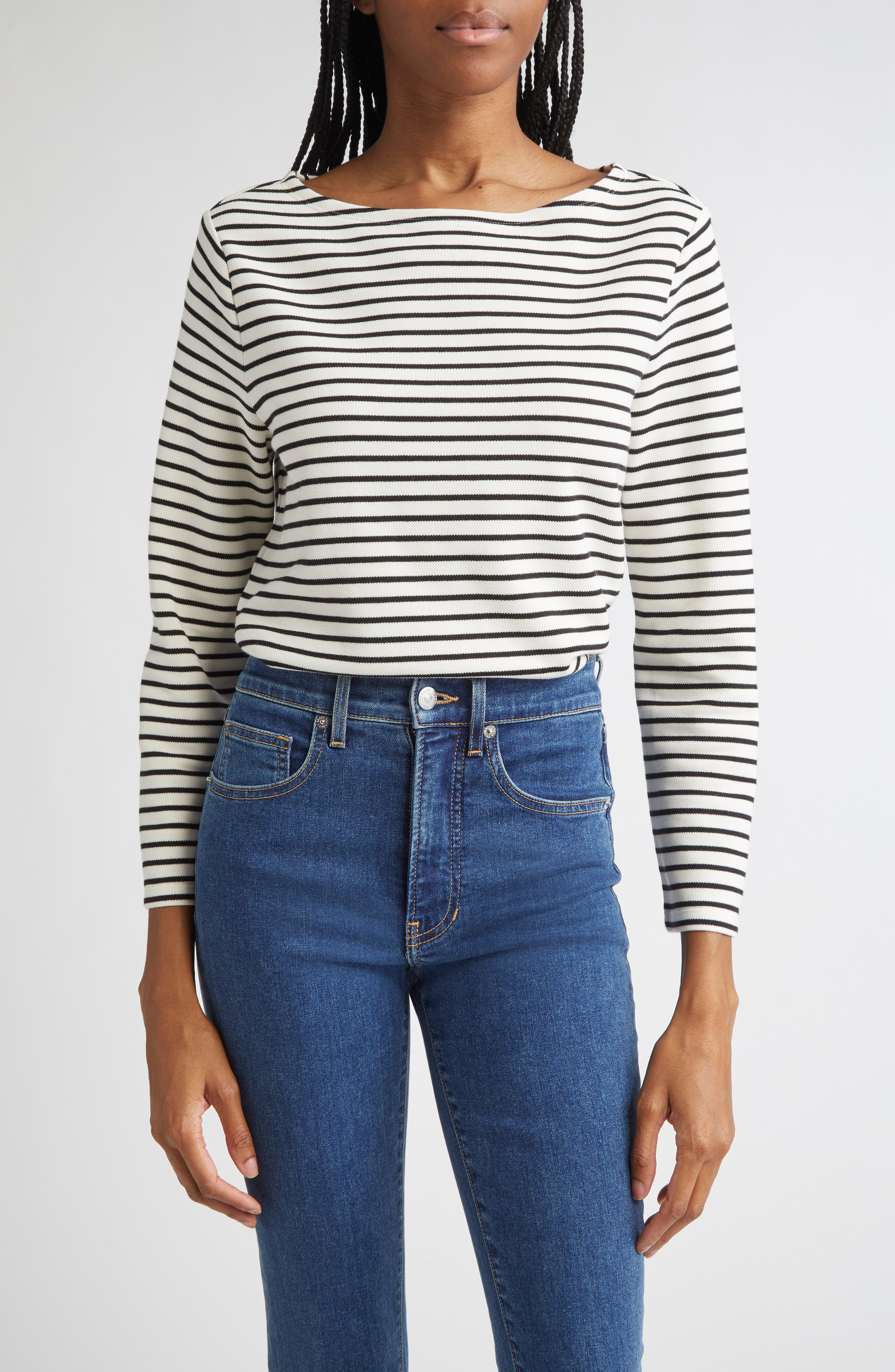 Veronica Beard Hovey Stripe Boat Neck T-Shirt in Dove Black at Nordstrom - 1