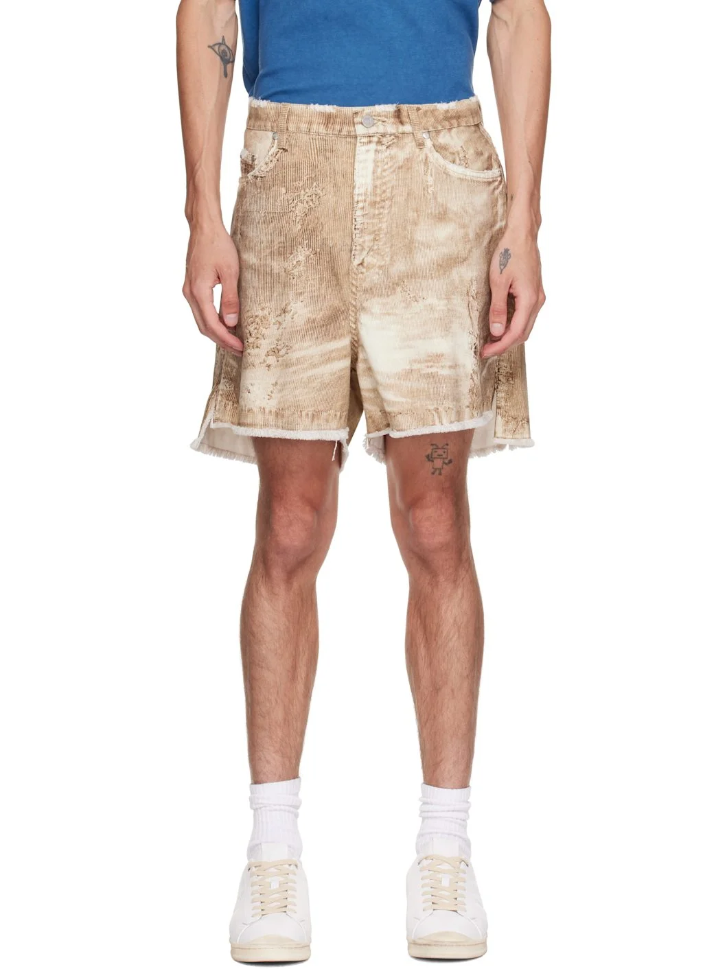 Beige Corduroy Print Denim Cutoff Shorts - 1
