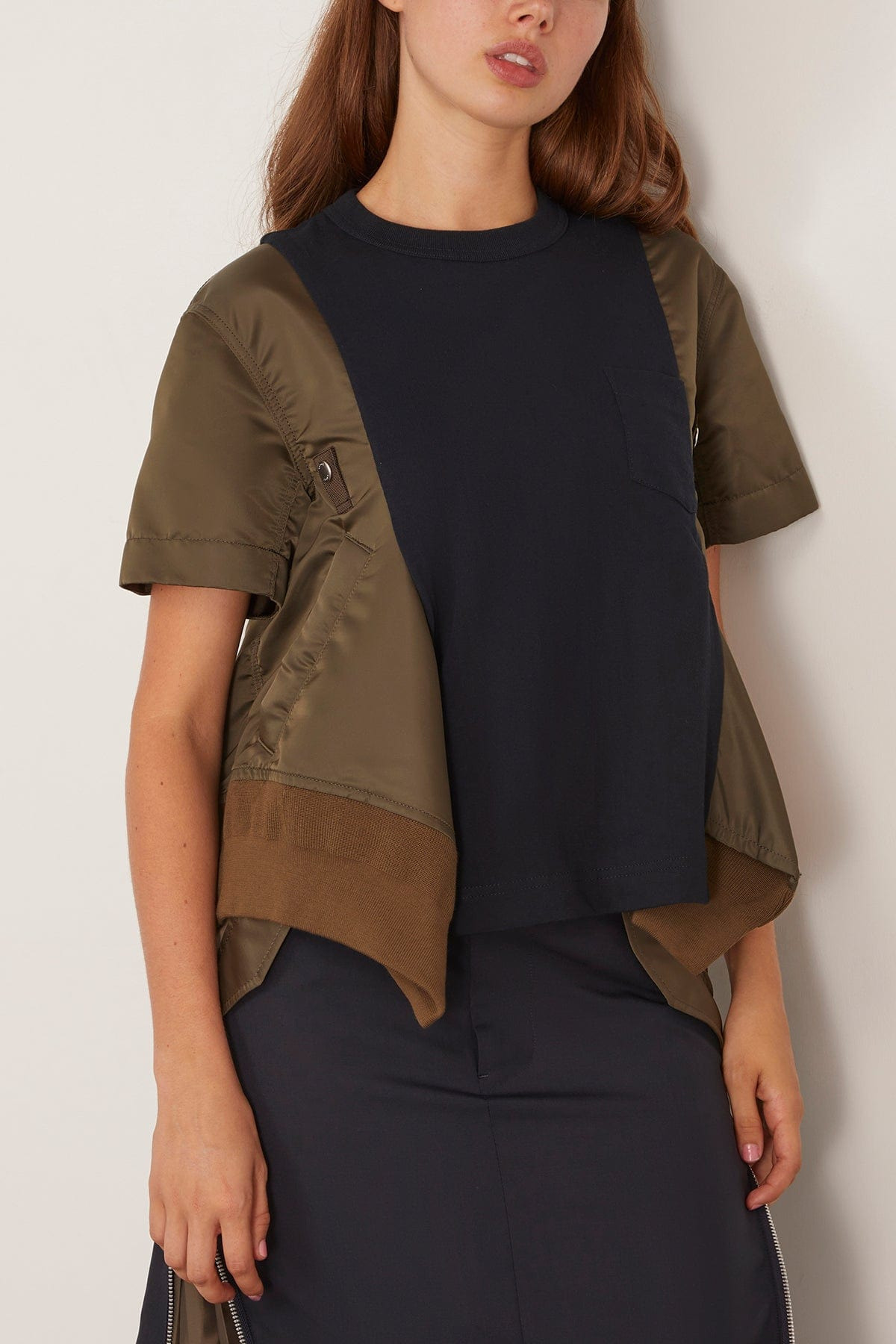 Nylon Twill x Cotton Jersey T-Shirt in Dark Khaki/Navy - 3