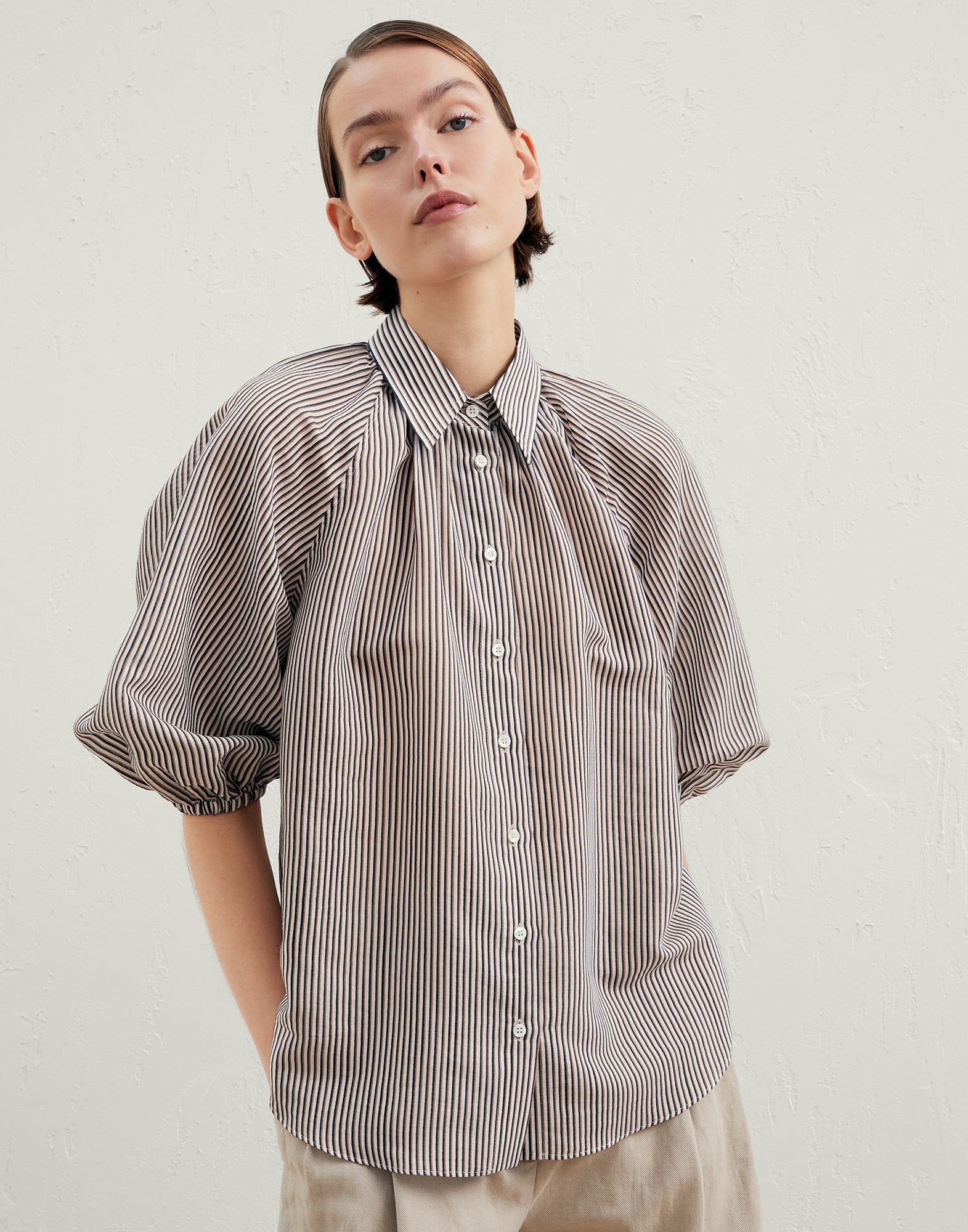 Cotton and silk sparkling stripe poplin shirt with monili - 1