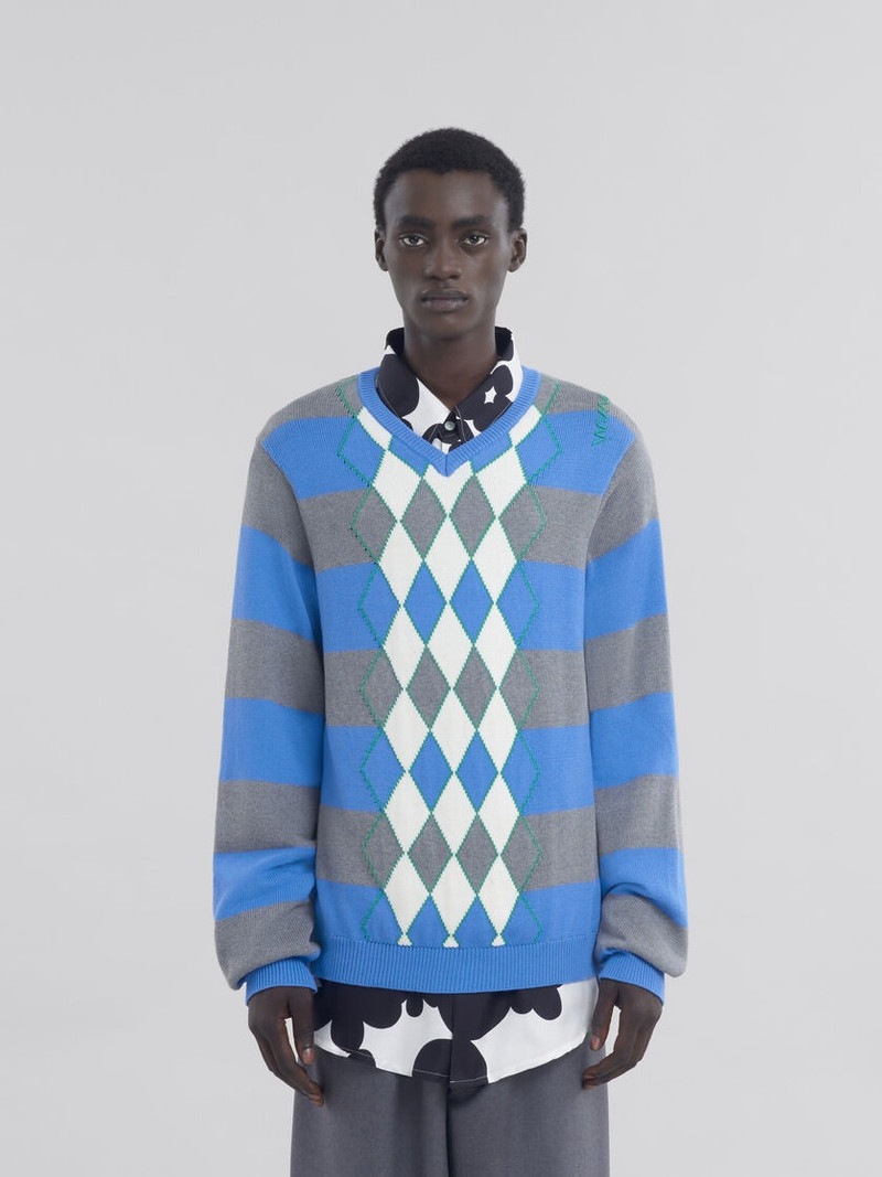 Marni BLUE STRIPE SWEATER WITH ARGYLE MOTIF outlook