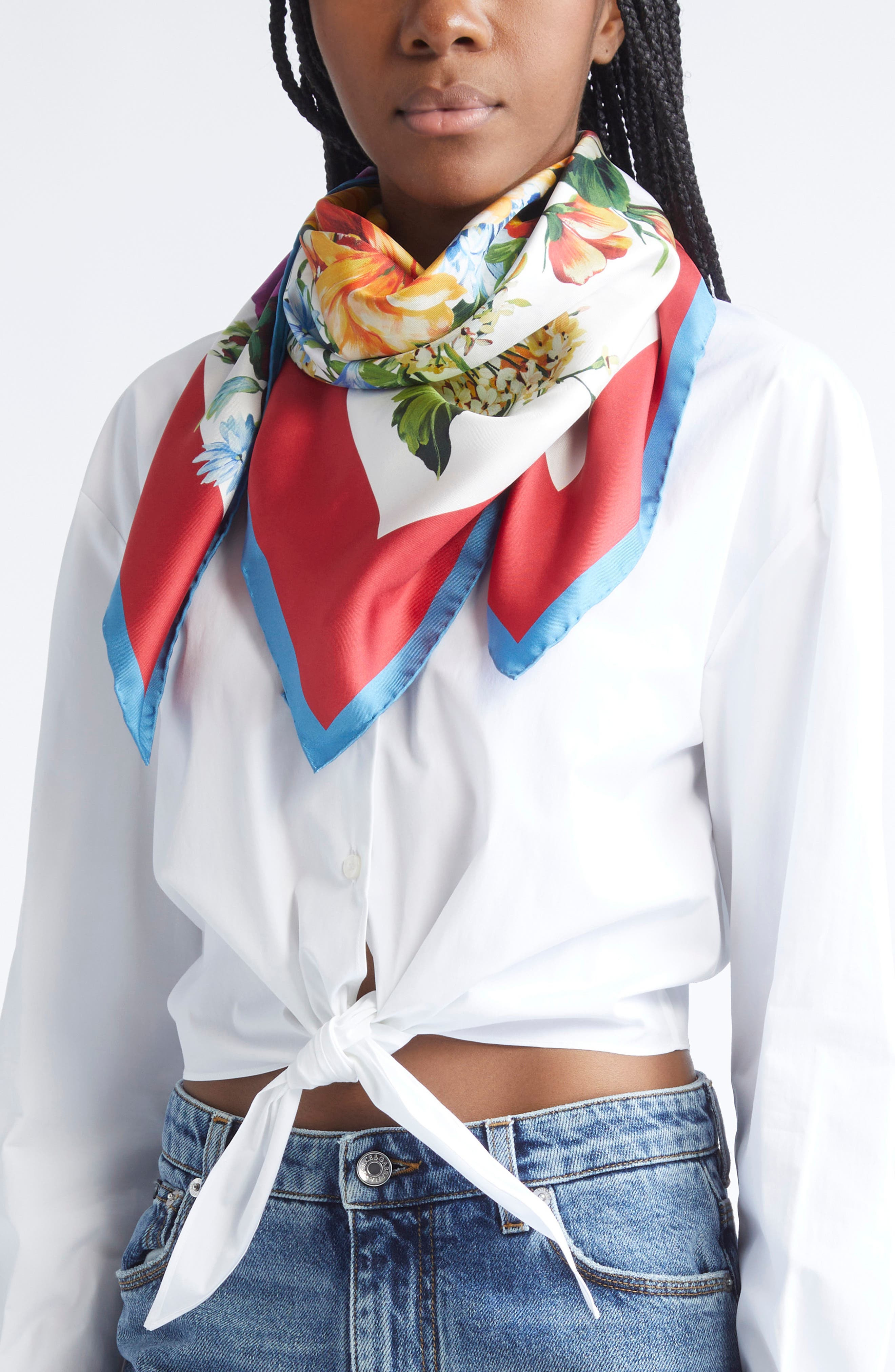 Dolce&Gabbana Floral Print Silk Twill Square Scarf in Hs5Pc B.fiori Cret.b/Rosso at Nordstrom - 2