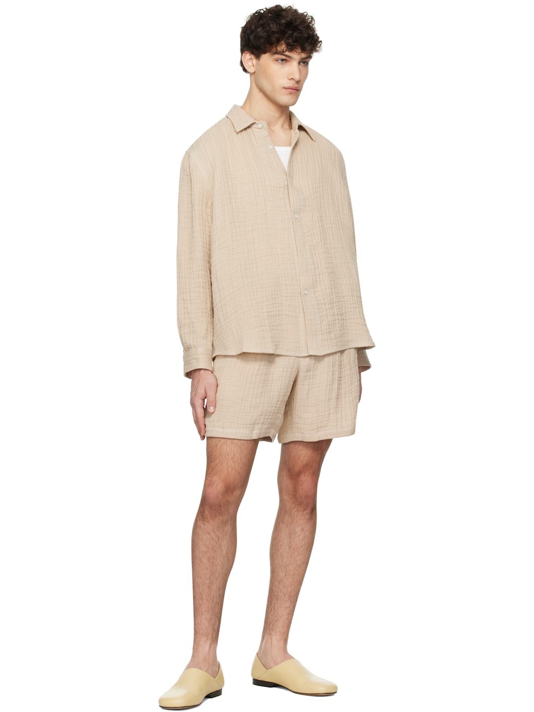 Beige Double Weave Linen Shorts - 4