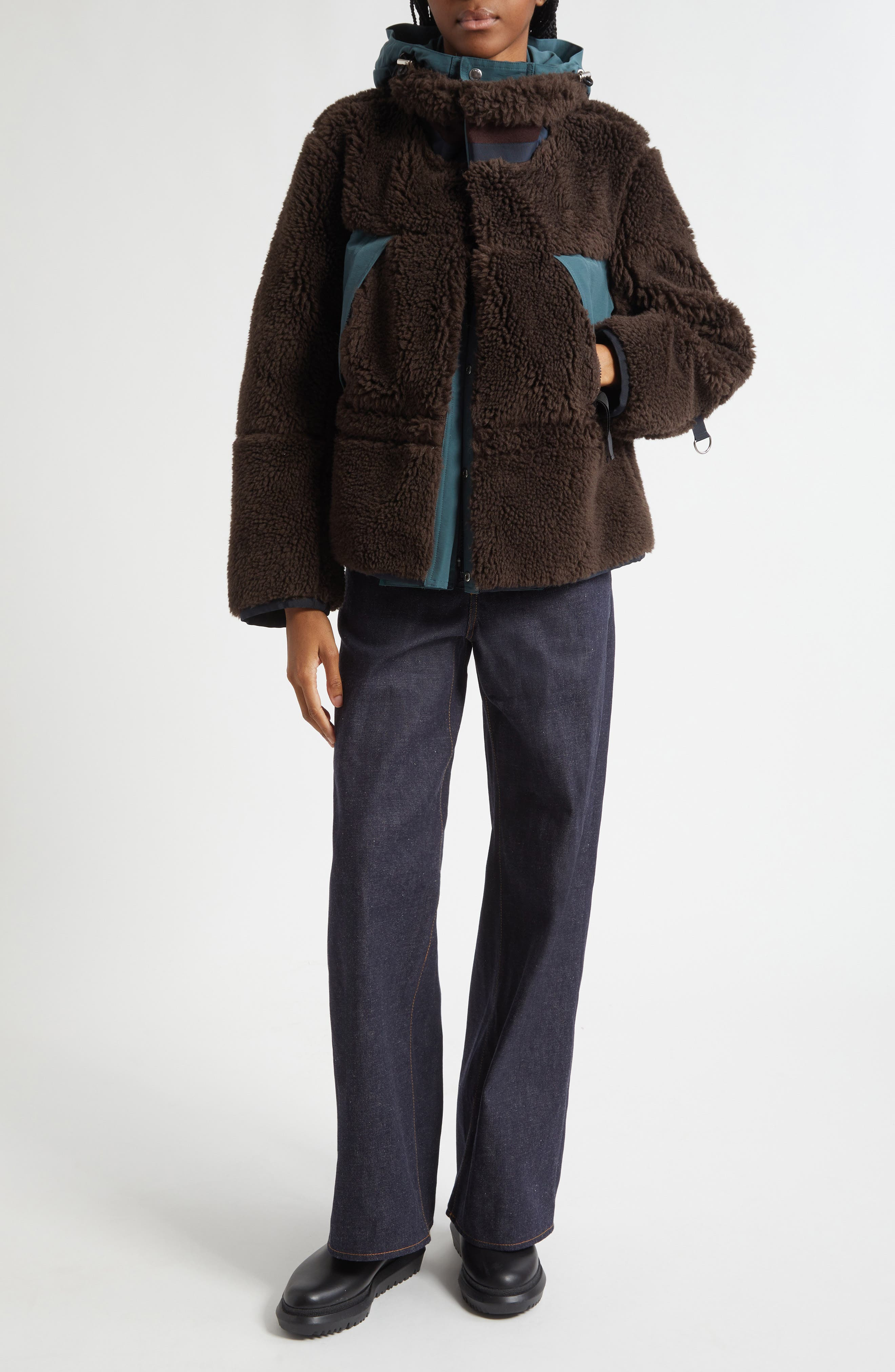 Sacai Mixed Media Faux Shearling Jacket in Brown/Green at Nordstrom - 2