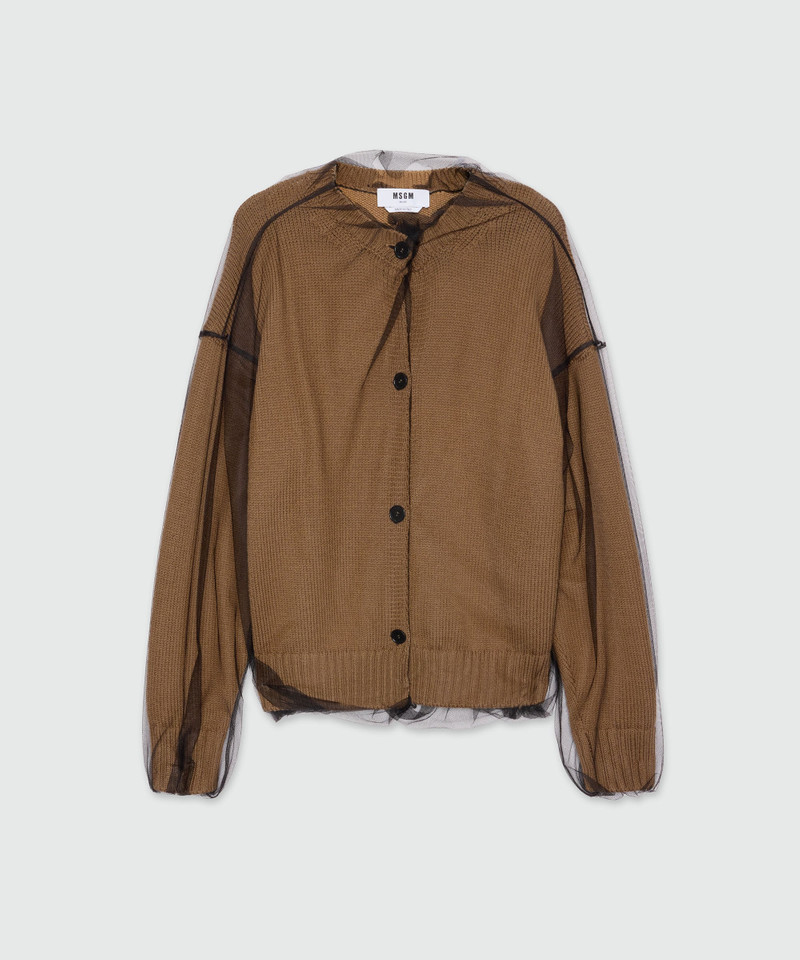 Beige wool blend cardigan with tulle layer 1