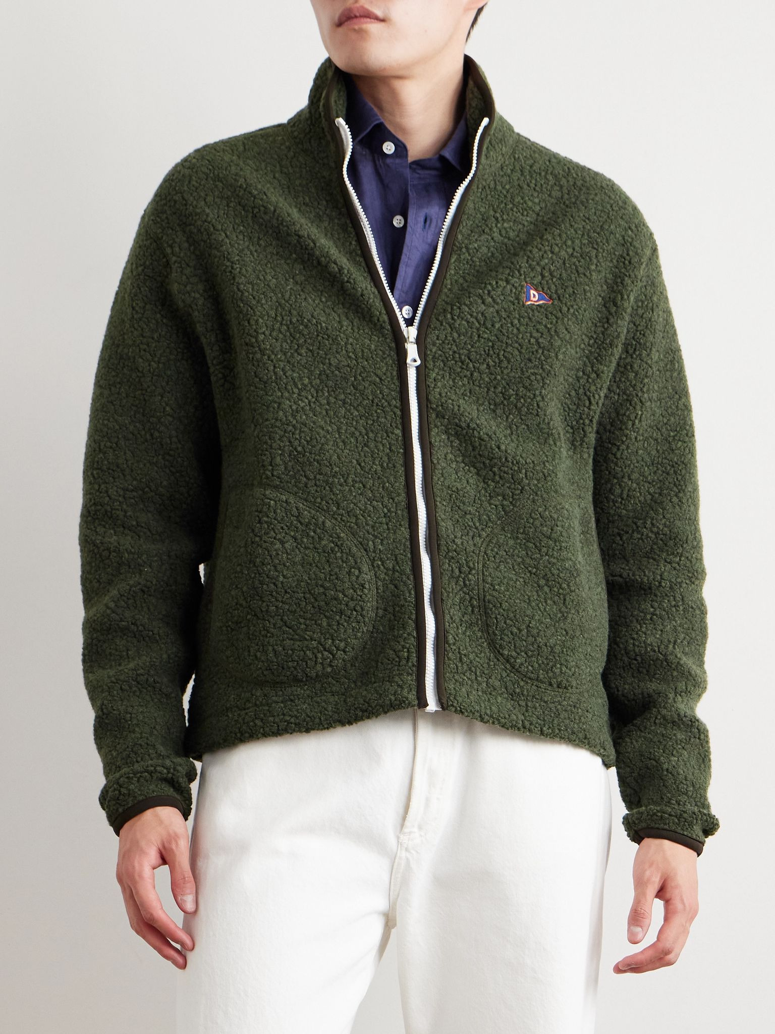 Logo-Embroidered Wool-Blend Bouclé Jacket Army green - 3