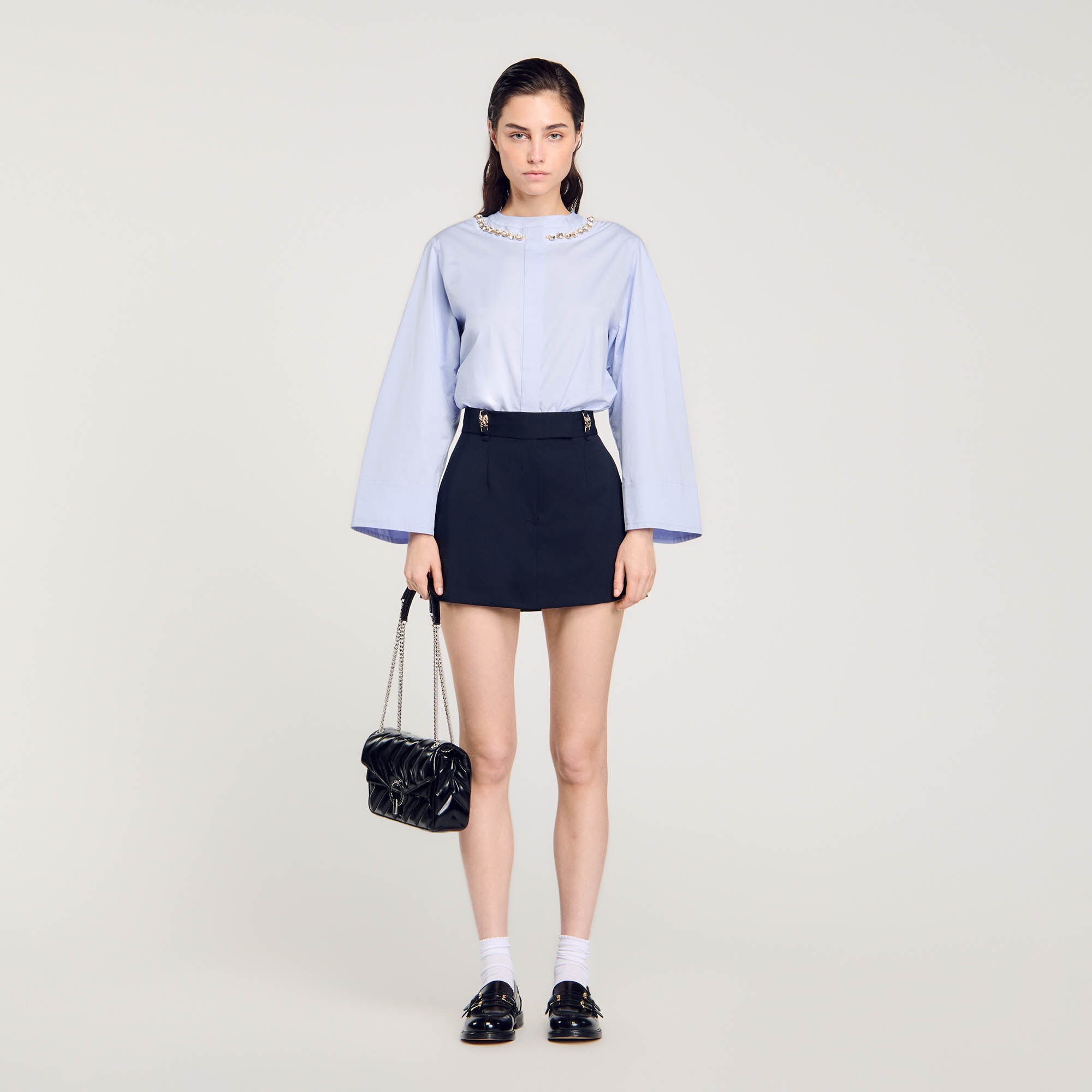 CROPPED SHIRT WITH JEWEL TRIM COLLAR - 2
