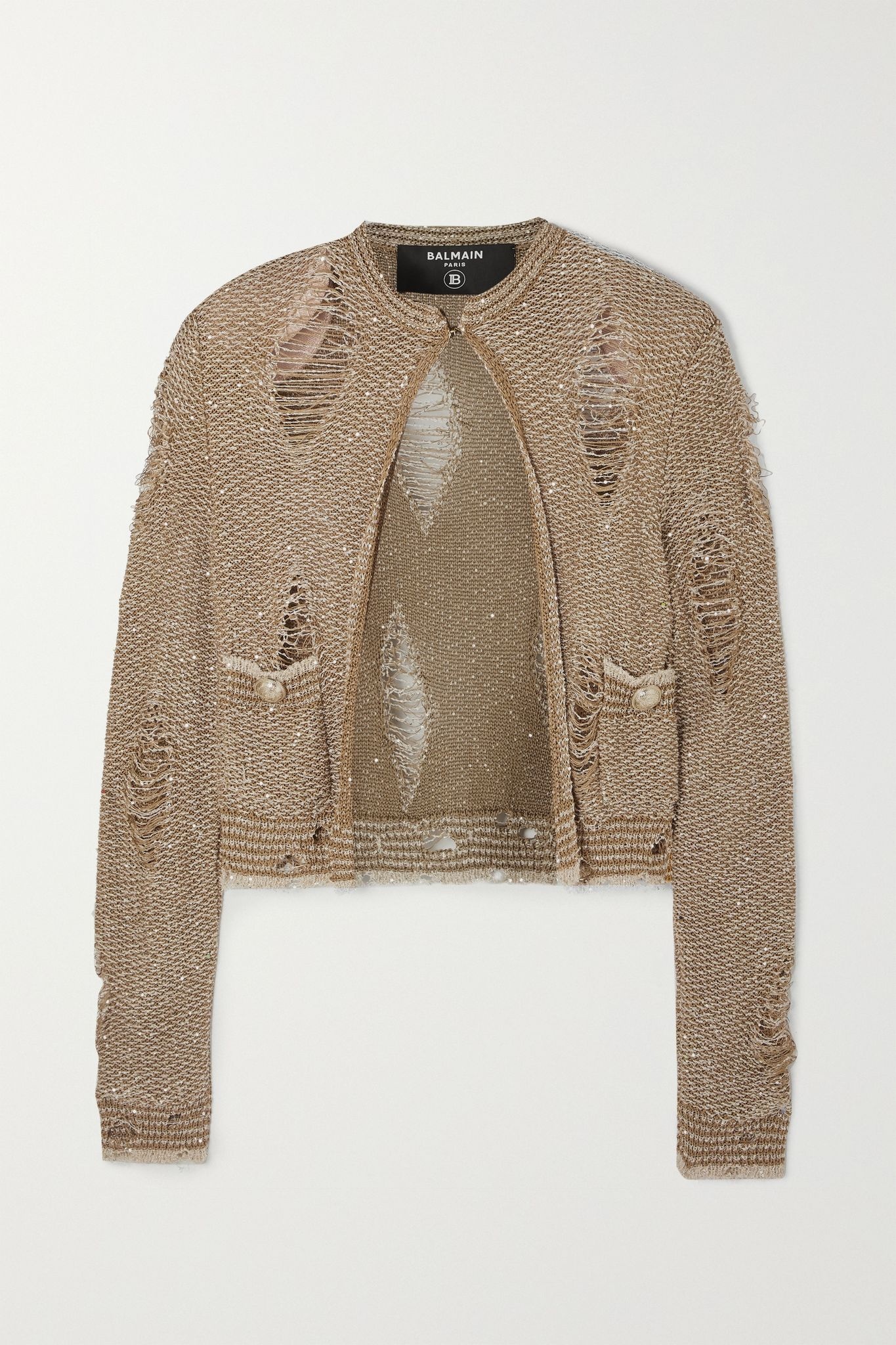 Distressed sequin-embellished knitted cardigan - 1