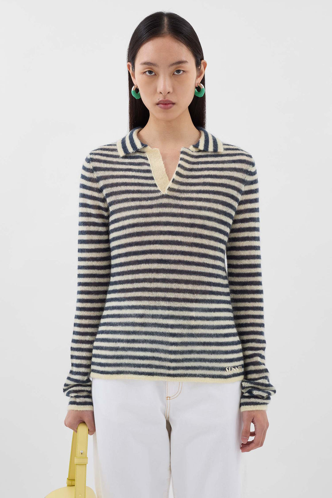 STRIPED MOHAIR POLO / off white & deep blue stripes - 3