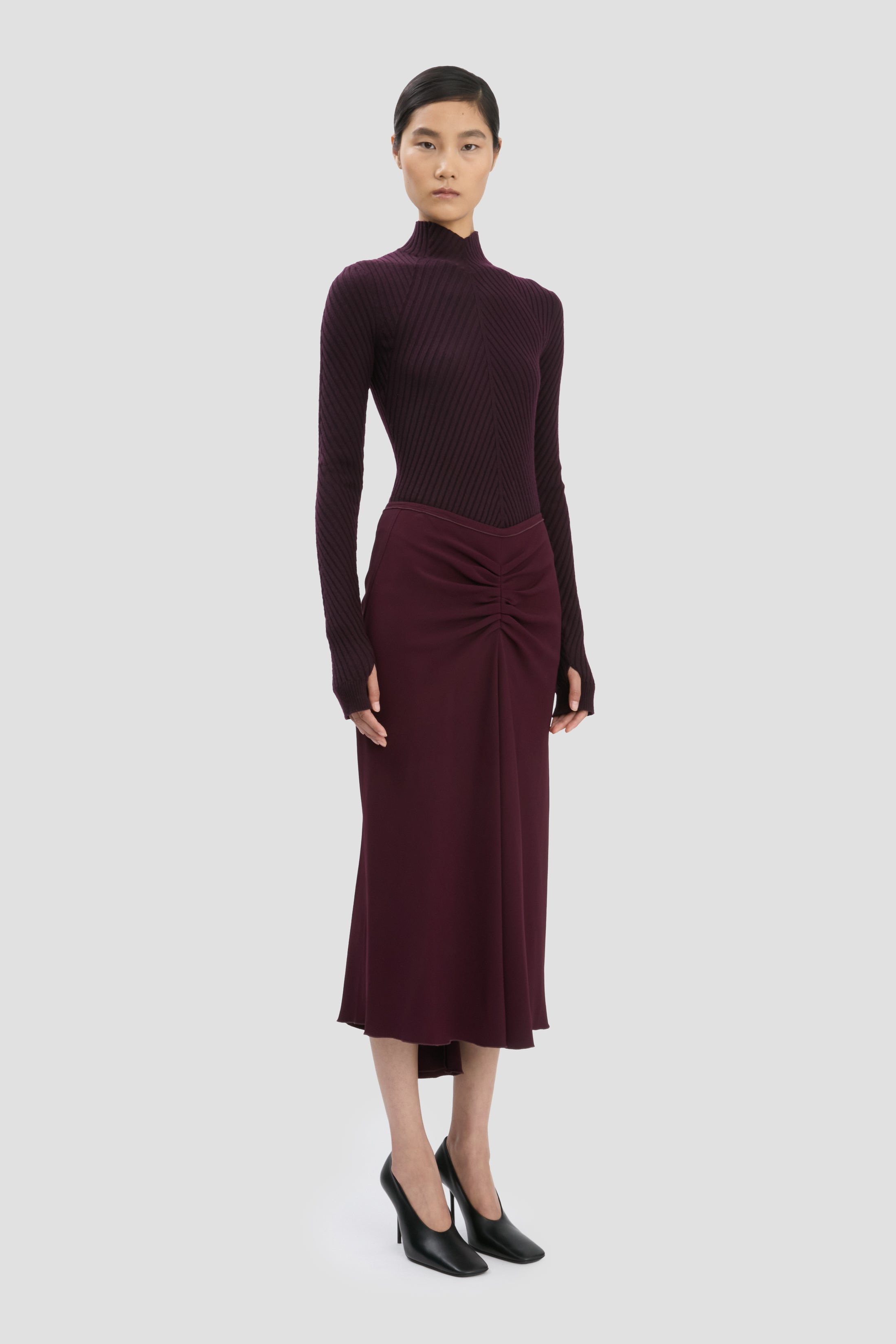 Gathered Waist Midi Skirt In Merlot - 8