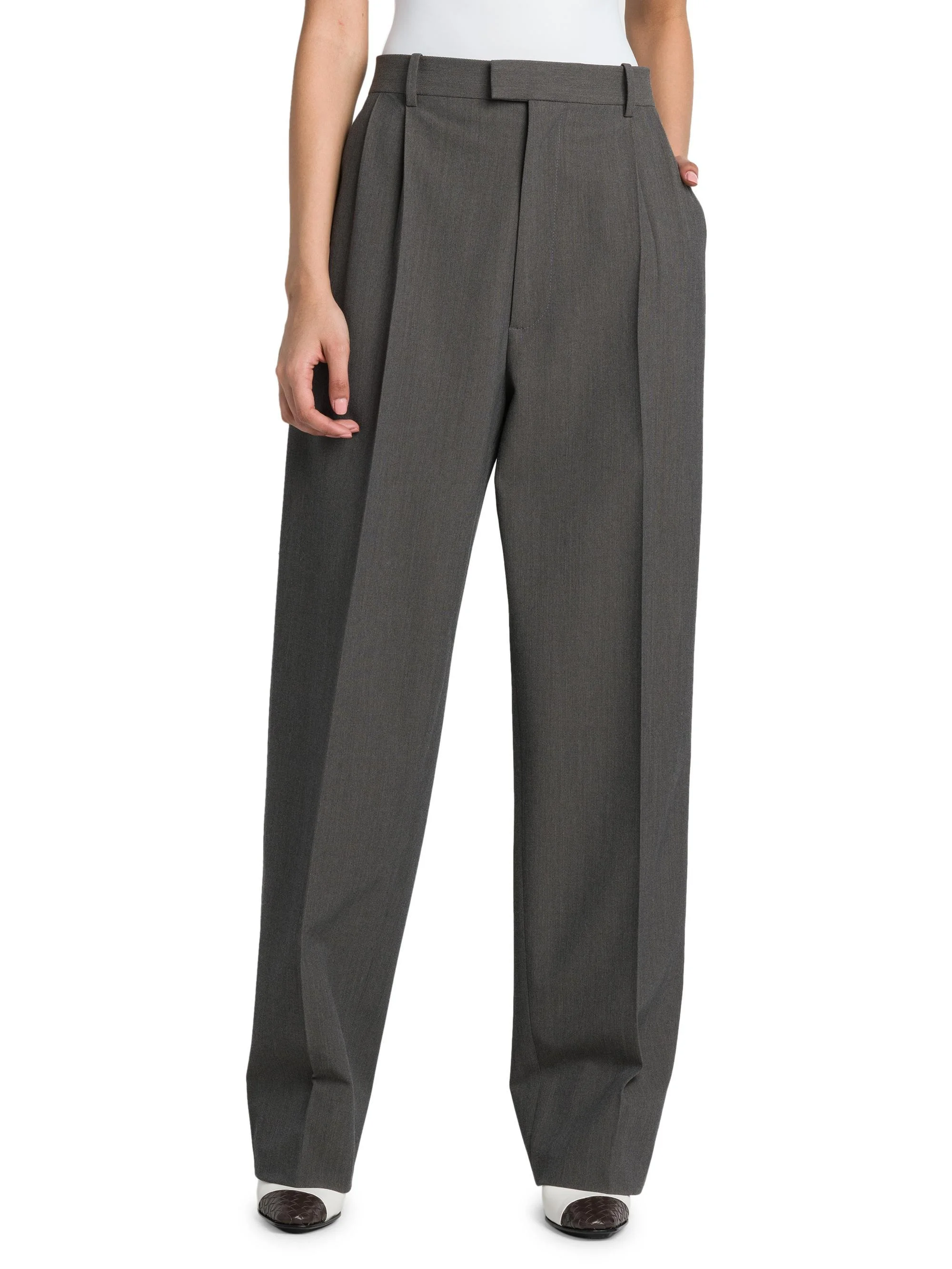 Women's Pleated Stretch Wool-Blend Trouser - Grey Melange - 1