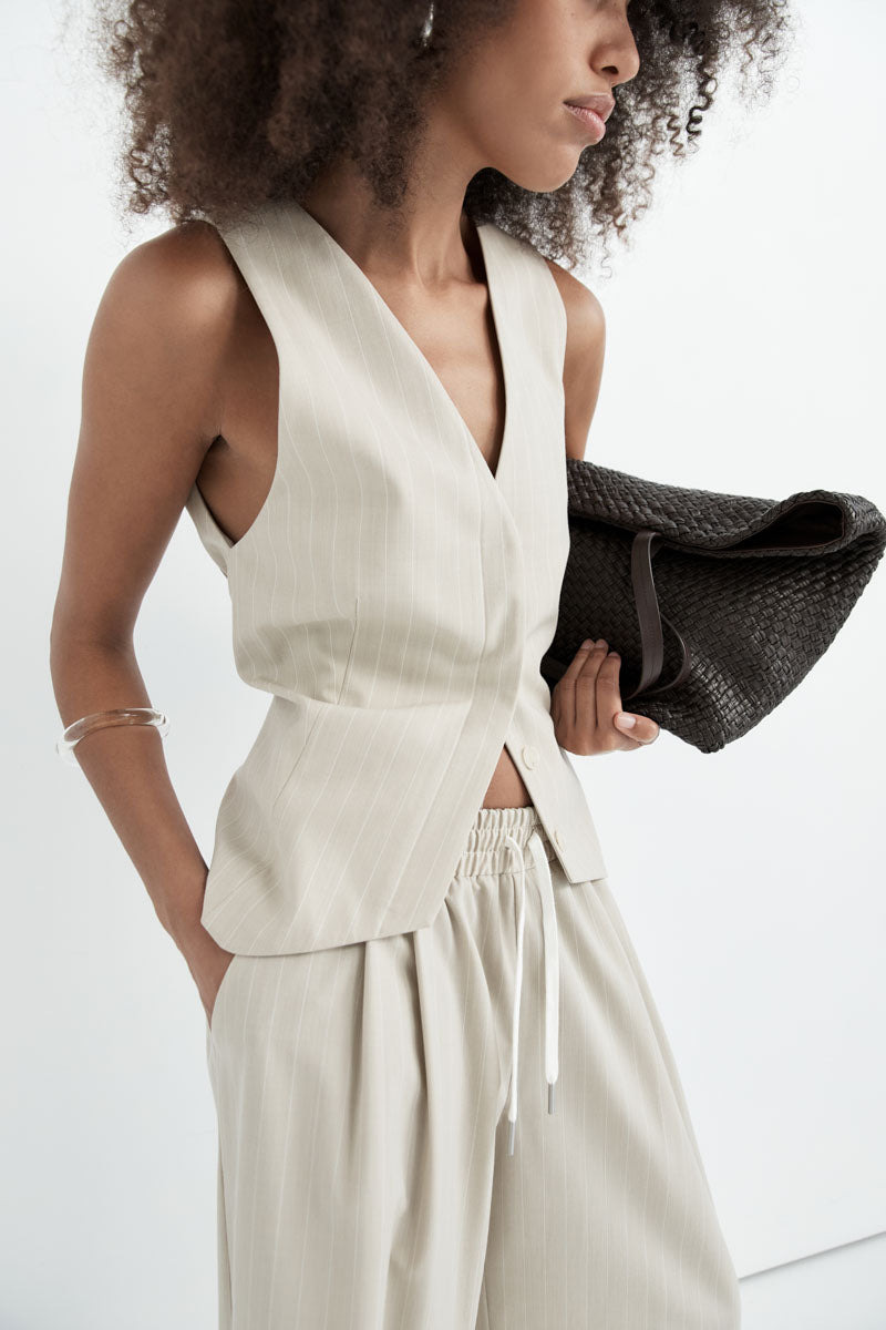 Pinstripe Wool Vest - Latte - 10
