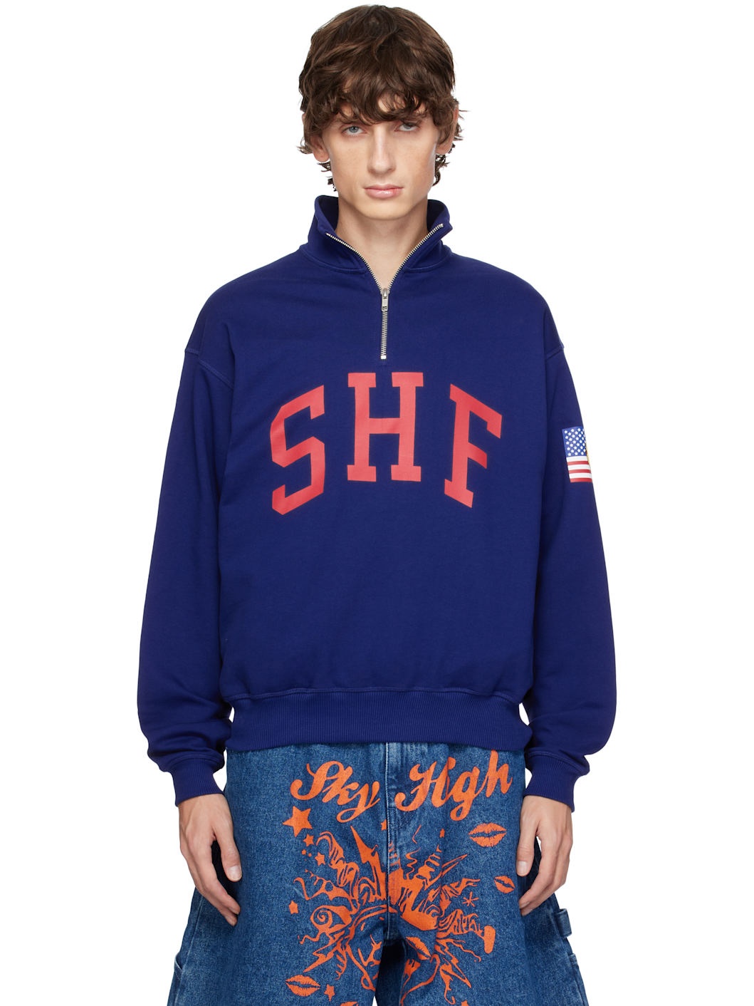 Blue 'SHF' Quarter Zip Sweater - 1