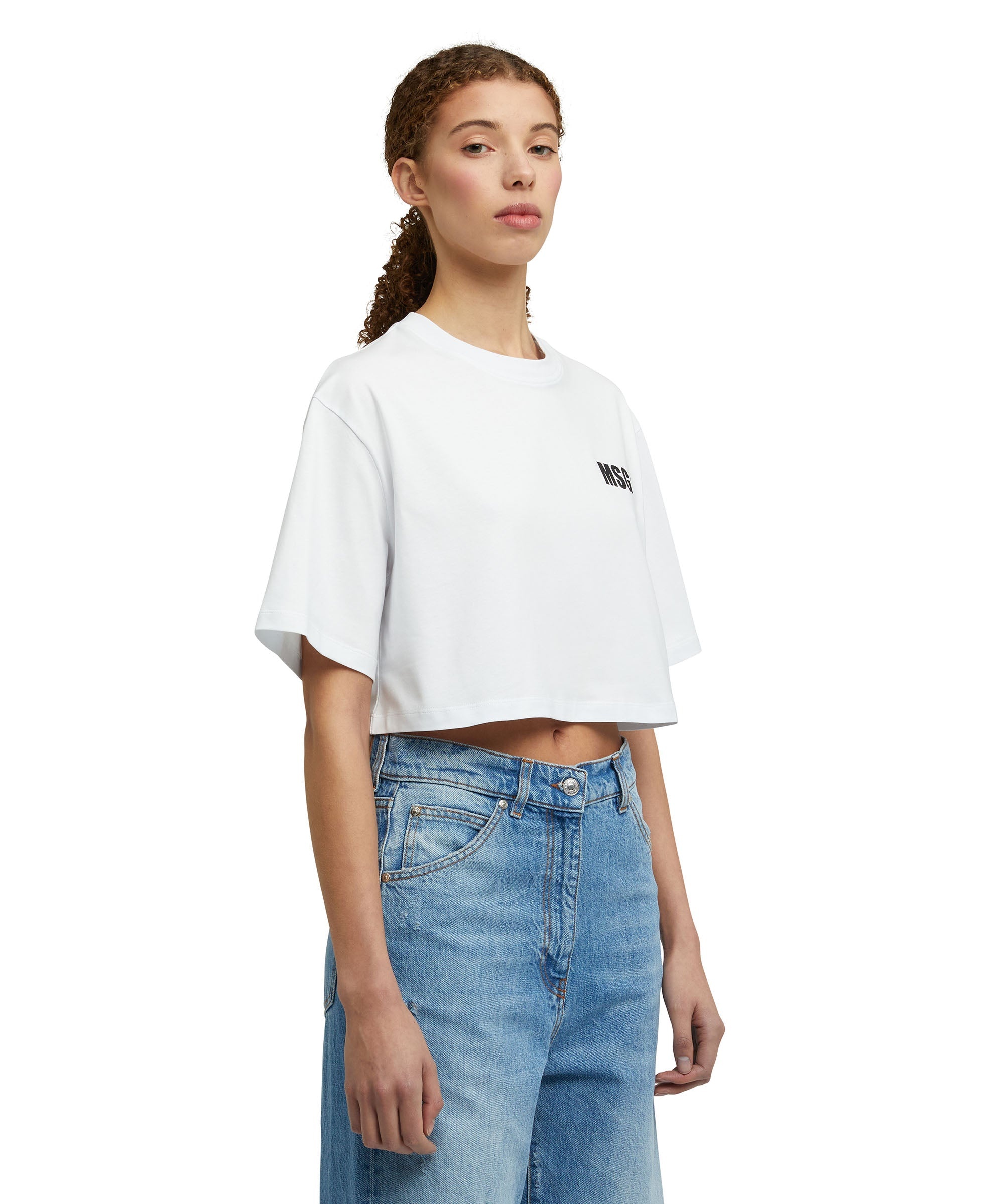 MSGM Cotton crewneck crop-top t-shirt with logo and quote