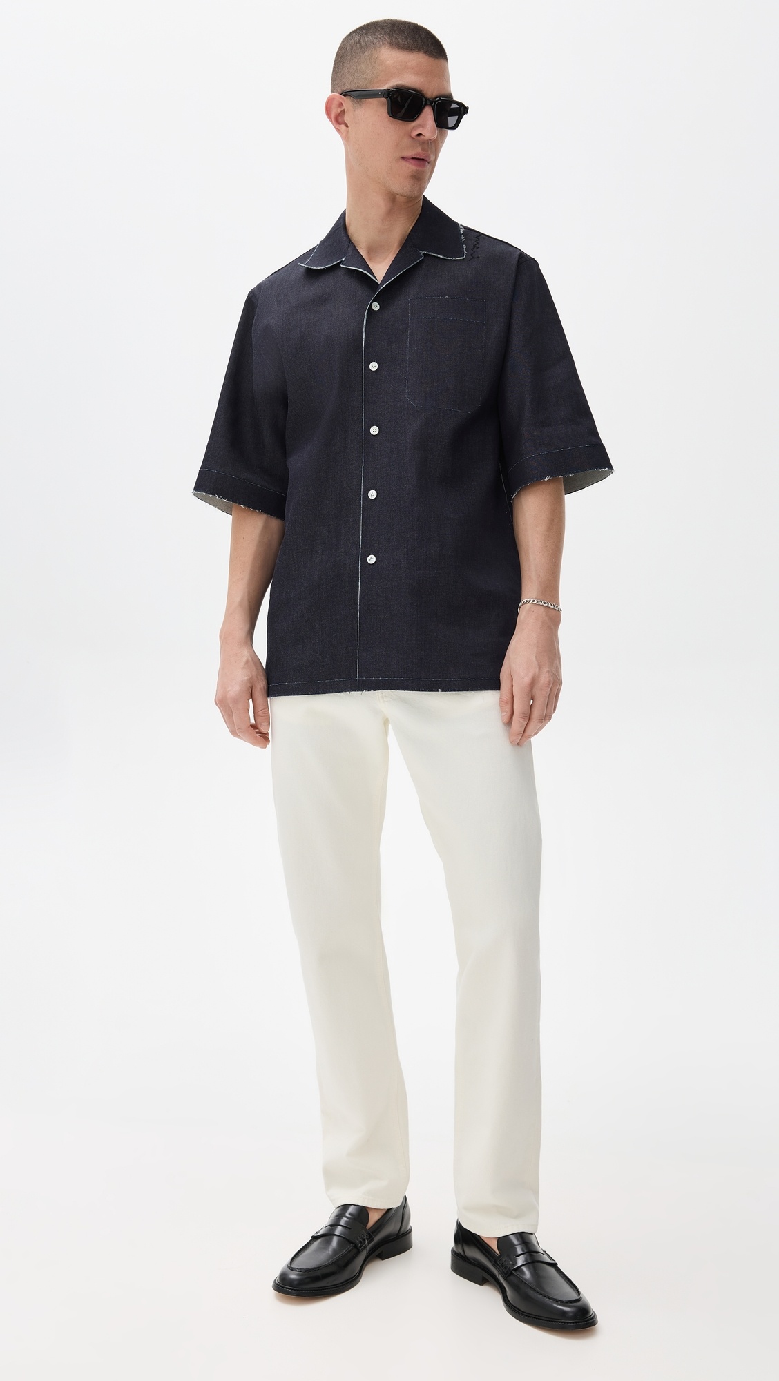 Trompe L'Oeil Stretch Denim Bowling Shirt - 4