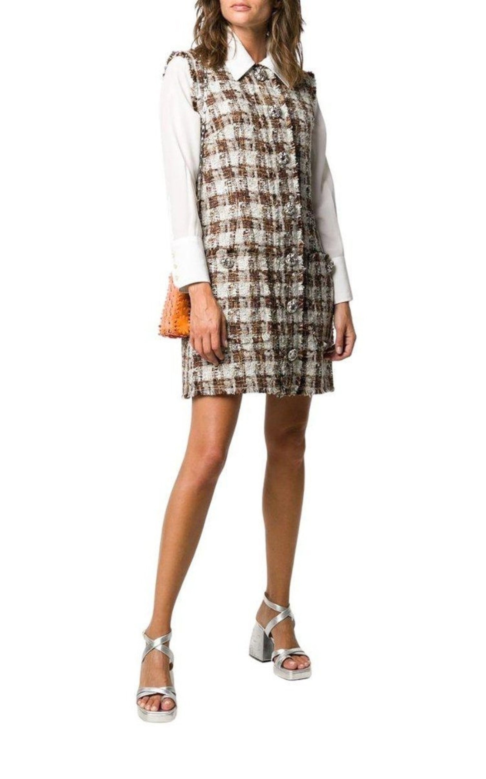 Embellished Checked Tweed Shift Dress - 2