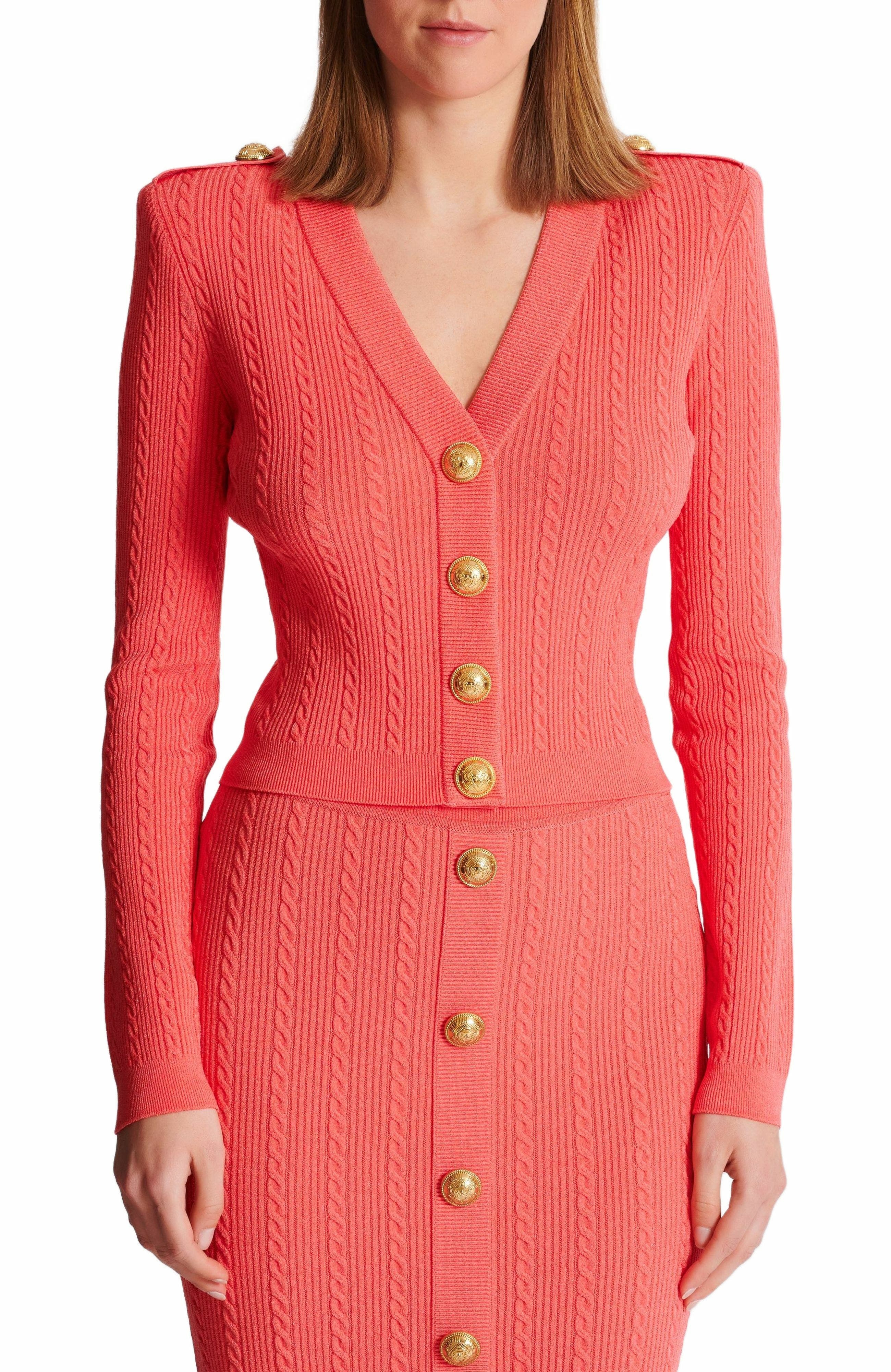 Balmain Long-sleeved cable-knit cardigan in Pink at Nordstrom - 7