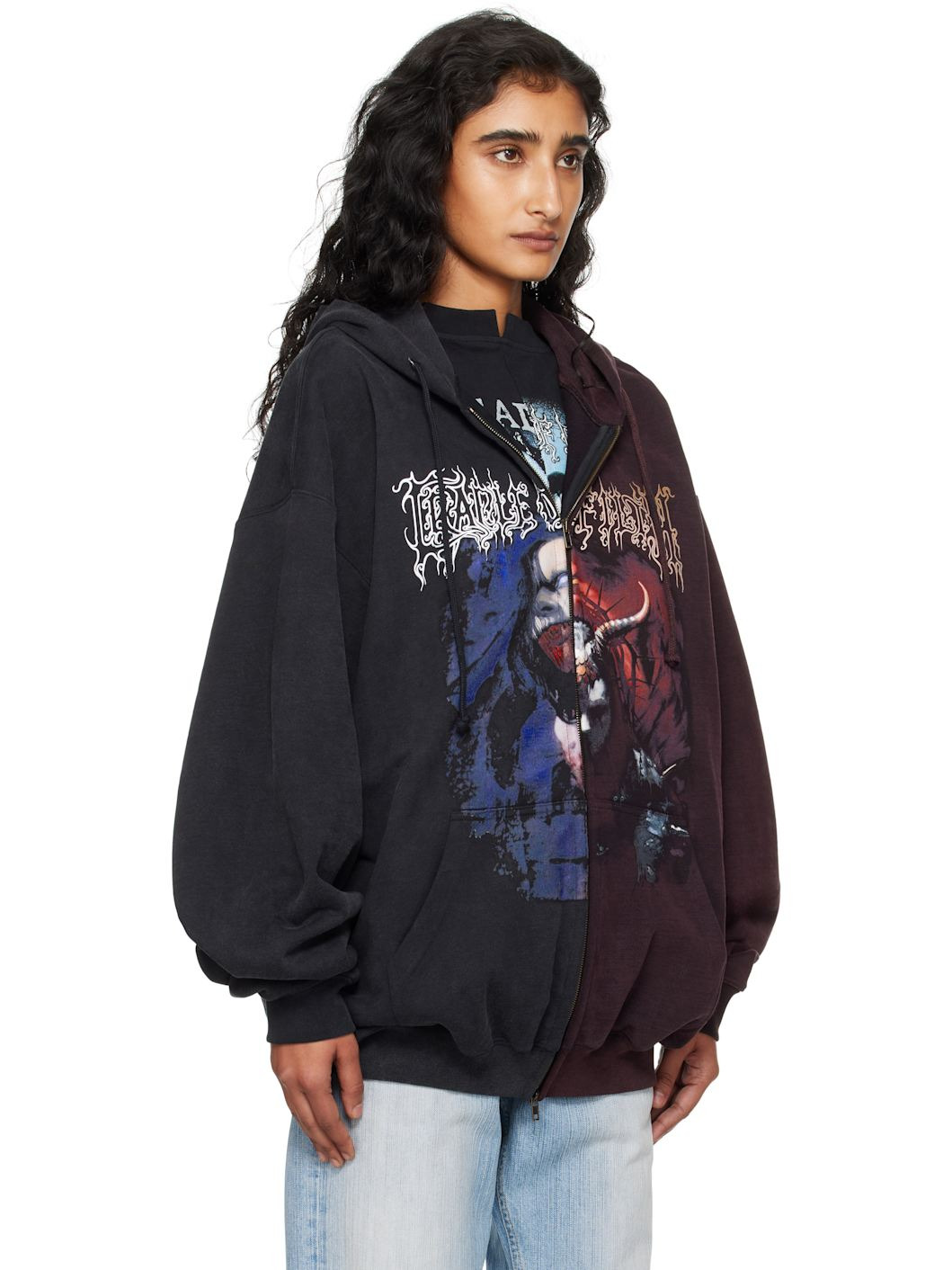 Black & Burgundy Cradle of Filth Cut-Up Oversized Zip-Up Hoodie - 2