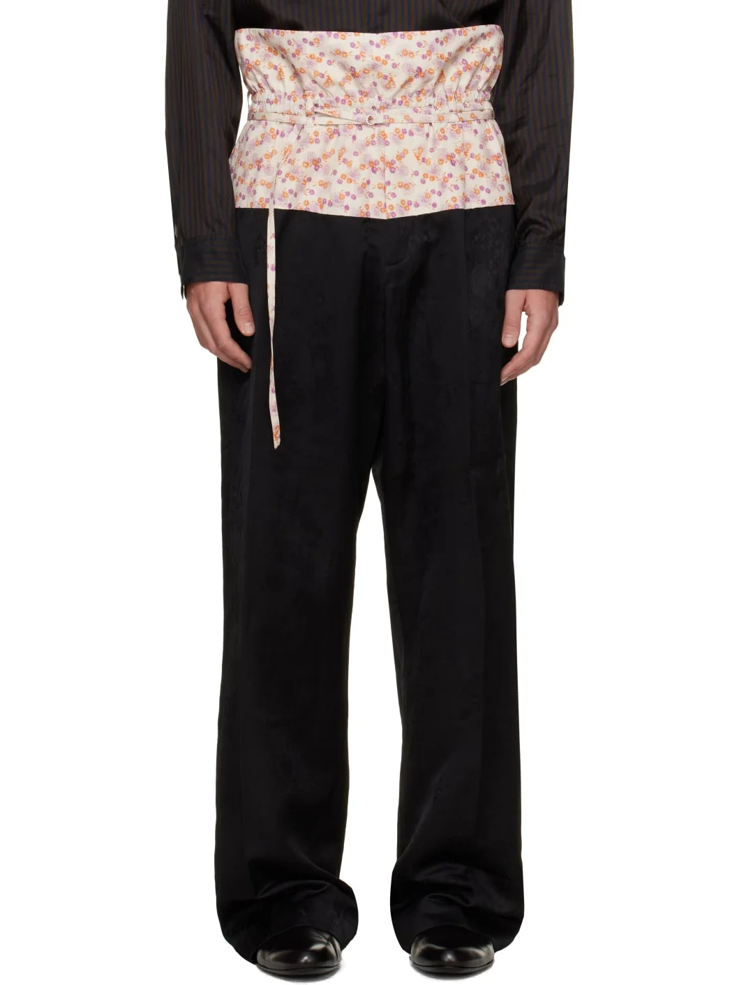 Black Contrast Waist Jacquard Trousers - 1