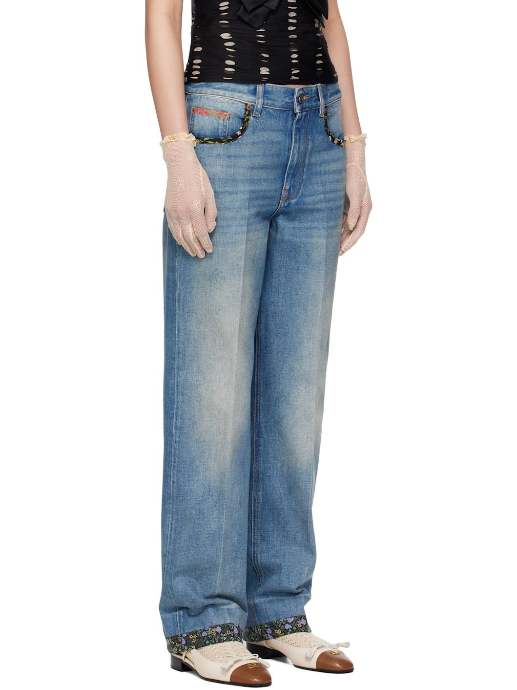 Blue Floral Print Hem Jeans - 2